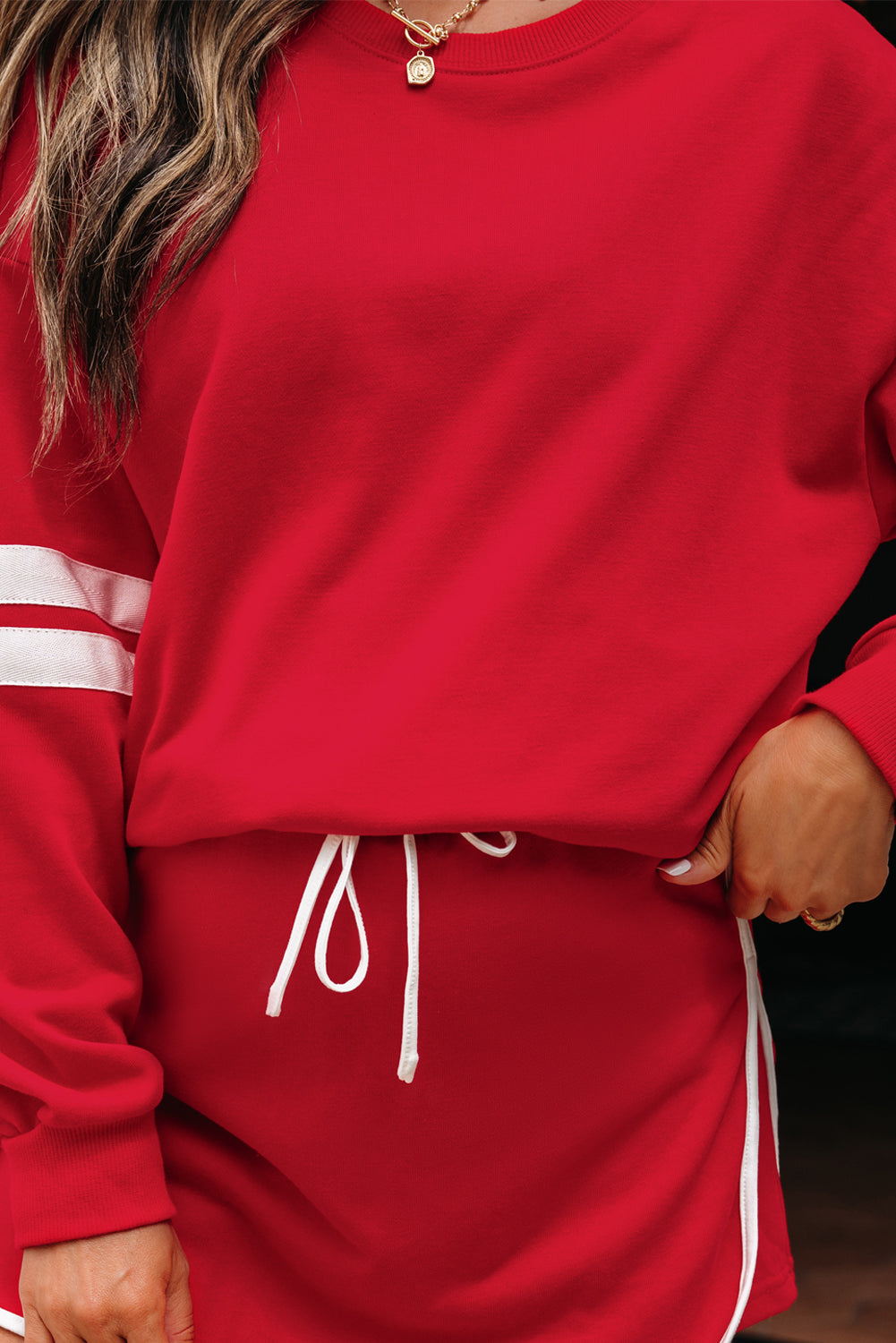 Black Varsity Stripe Detail Drop Shoulder Pullover Mini Skirt Set
