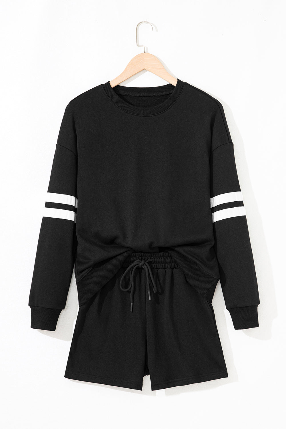 Evergreen Varsity Striped Sleeve Drop Shoulder Sweatshirt and Short Set