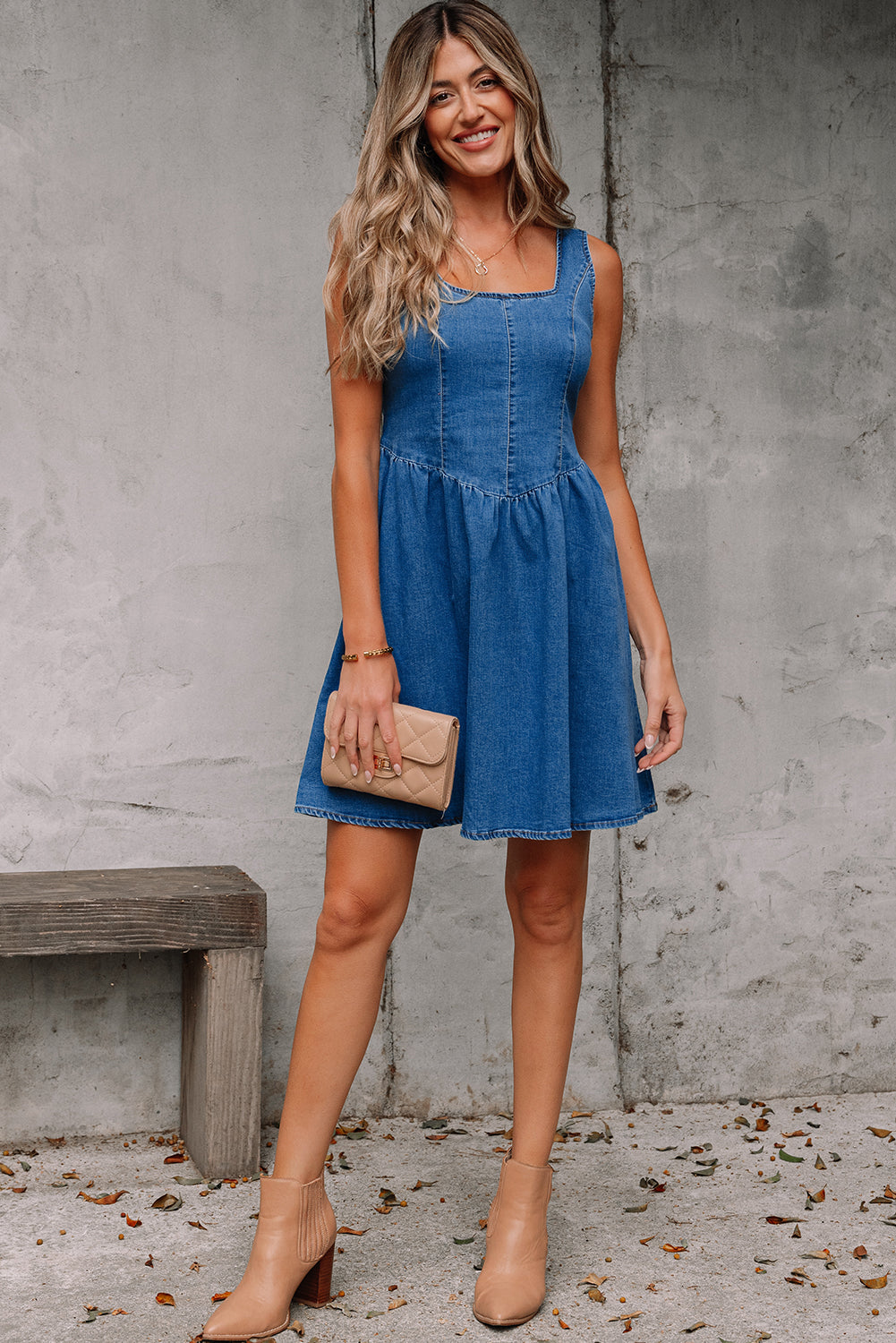 Myosotis Square Neck Bowknot A-line Sleeveless Denim Dress