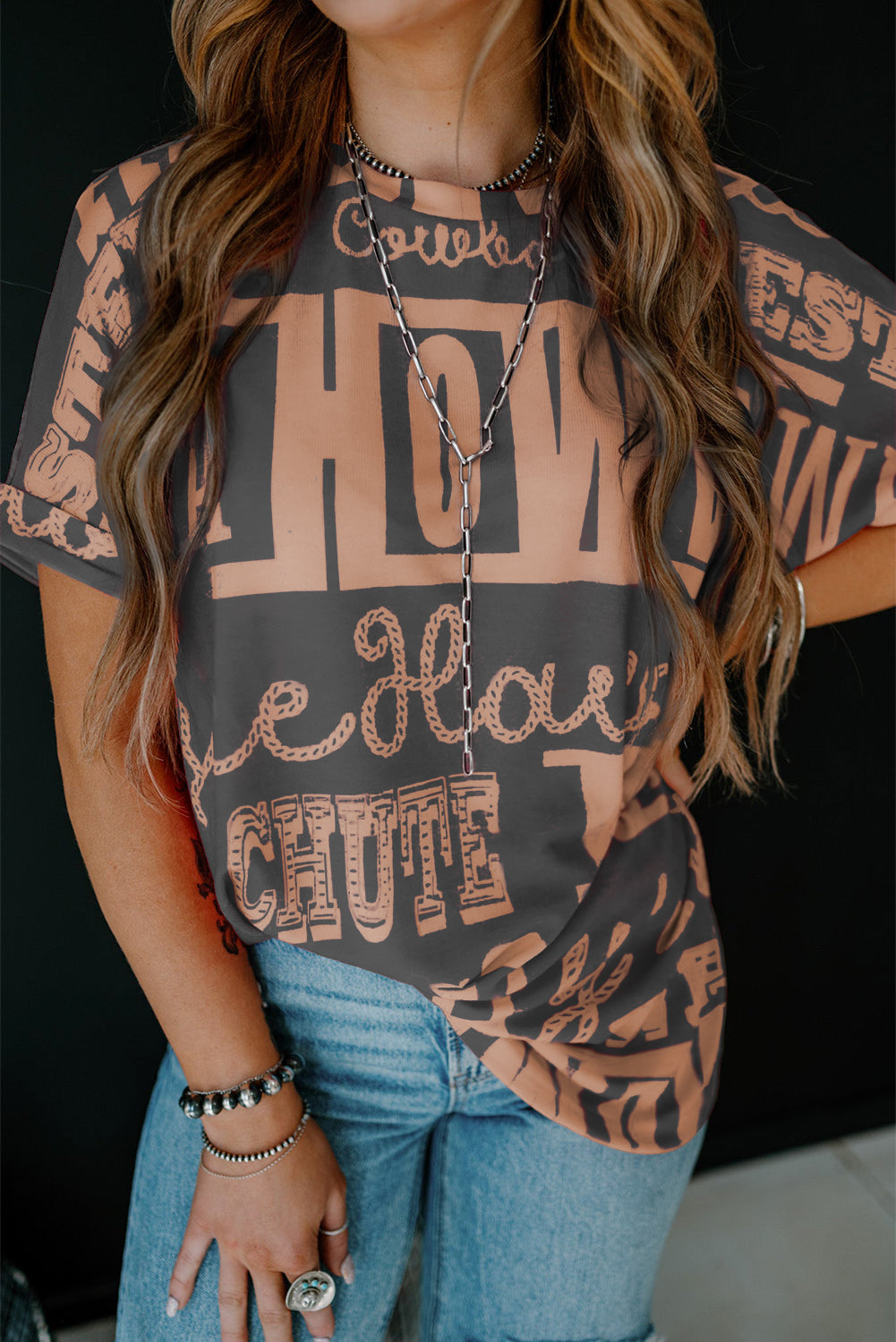Turquoise Vintage Letter Print Graphic Loose Tee