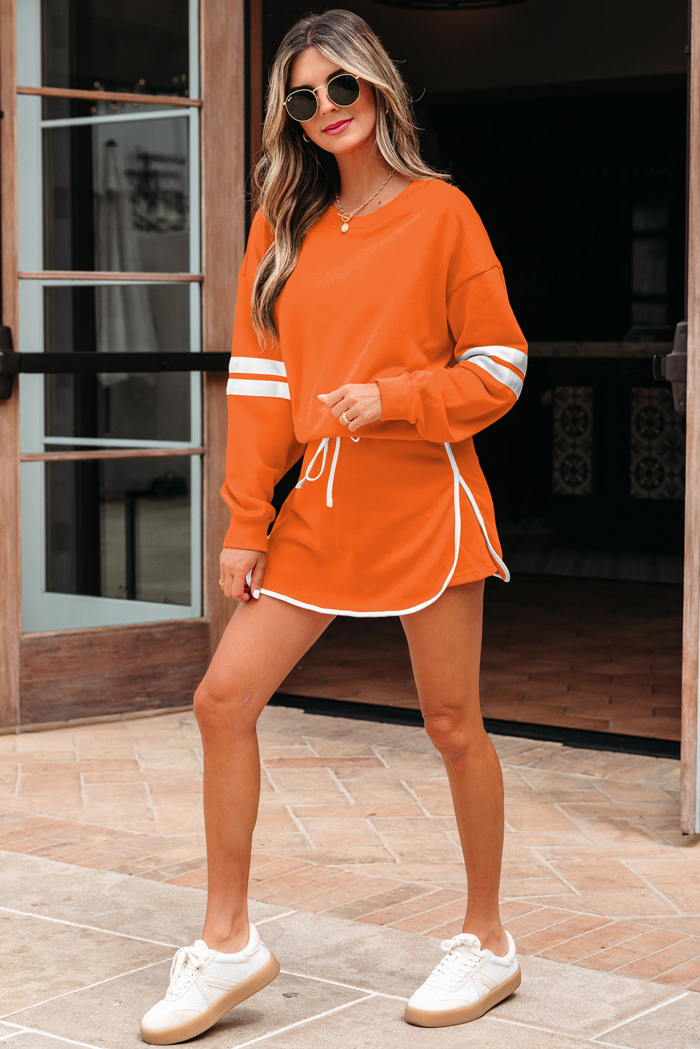 Black Varsity Stripe Detail Drop Shoulder Pullover Mini Skirt Set