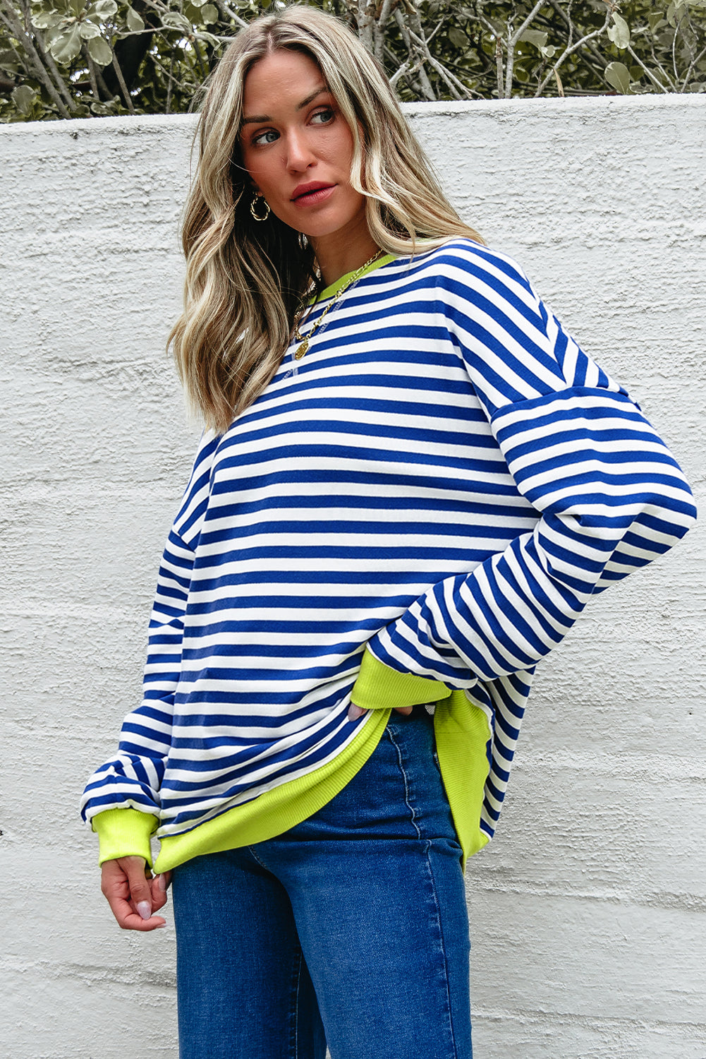 White Stripe Striped Contrast Ribbed Trim Crossed Stitch Drop Shoulder Sweatshirt