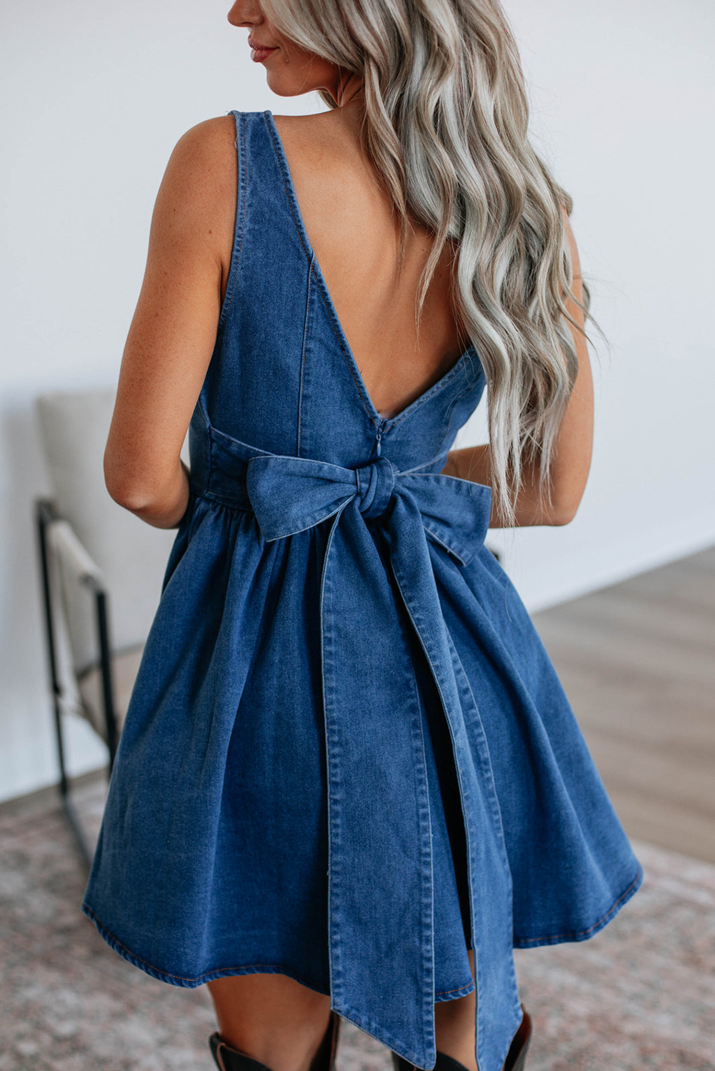 Myosotis Square Neck Bowknot A-line Sleeveless Denim Dress