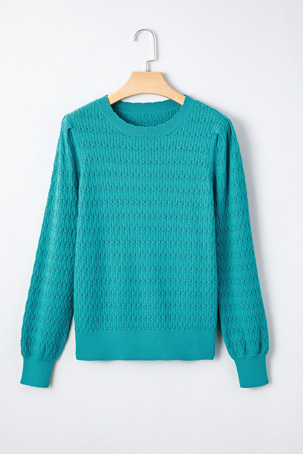 Bright Pink Trendy Pattern Knit Ribbed Cuffs Crew Neck Sweater