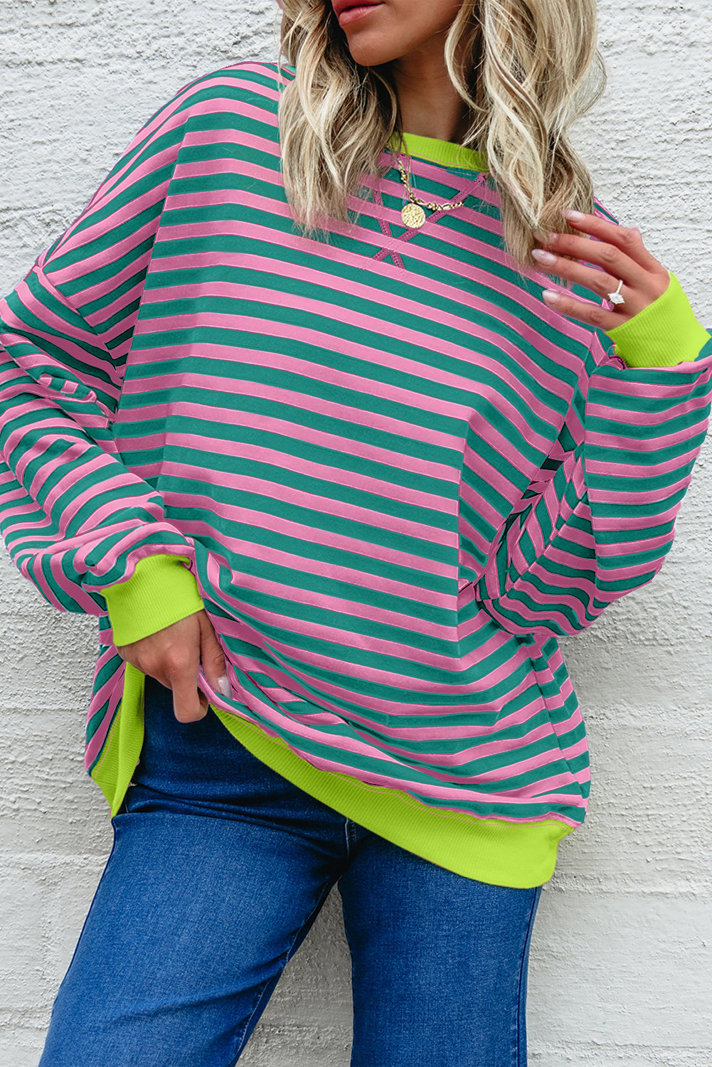 White Stripe Striped Contrast Ribbed Trim Crossed Stitch Drop Shoulder Sweatshirt