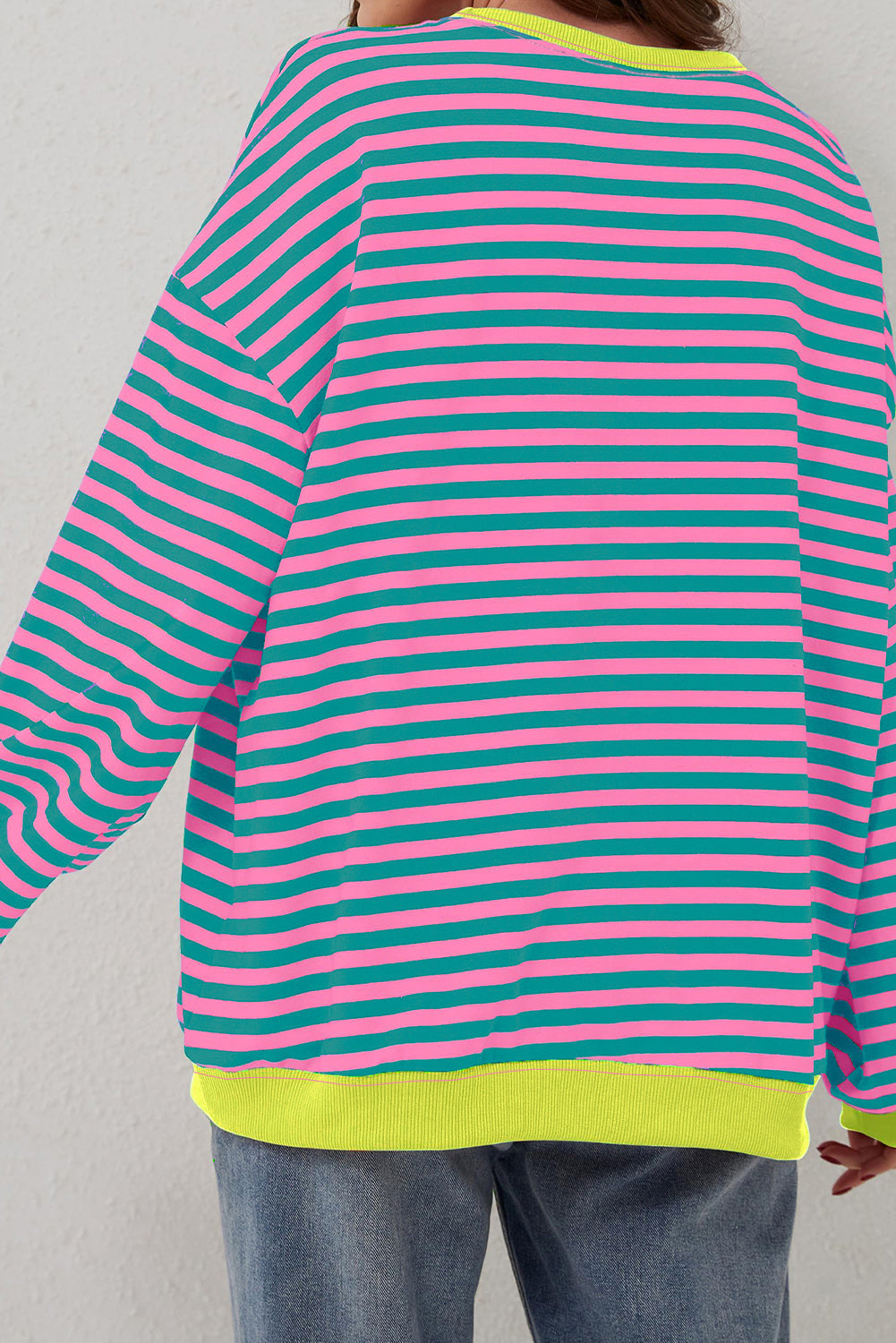 White Stripe Striped Contrast Ribbed Trim Crossed Stitch Drop Shoulder Sweatshirt