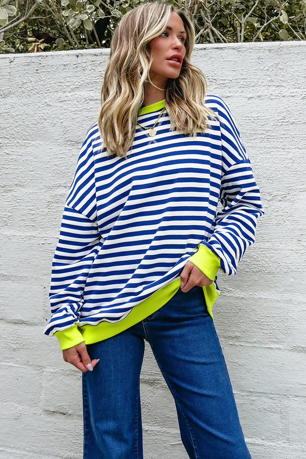 White Stripe Striped Contrast Ribbed Trim Crossed Stitch Drop Shoulder Sweatshirt