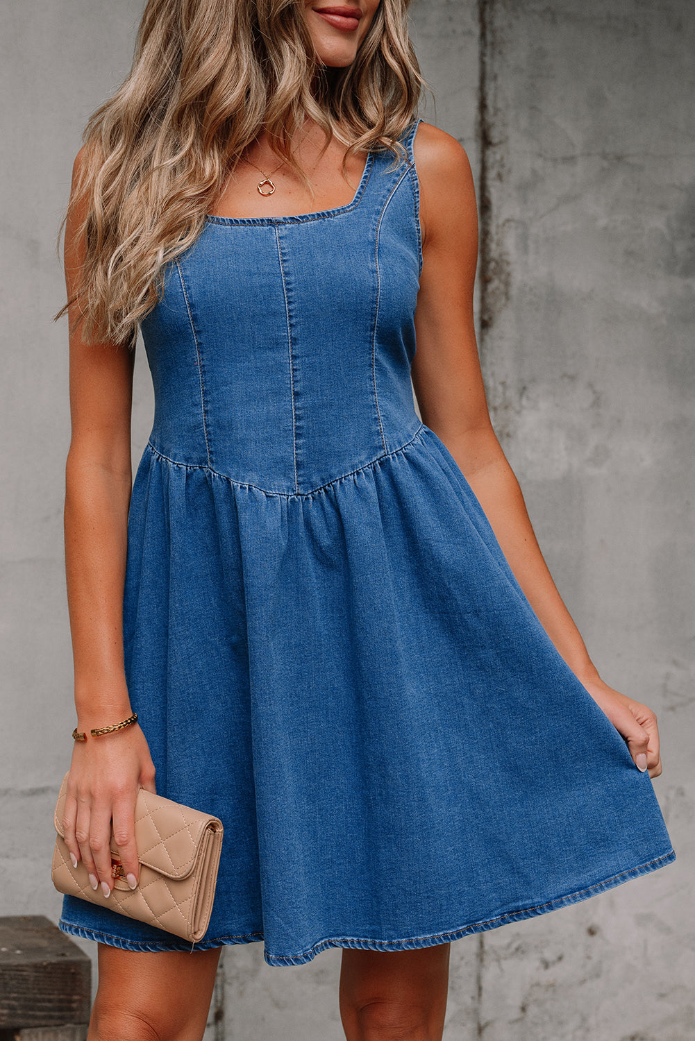 Myosotis Square Neck Bowknot A-line Sleeveless Denim Dress