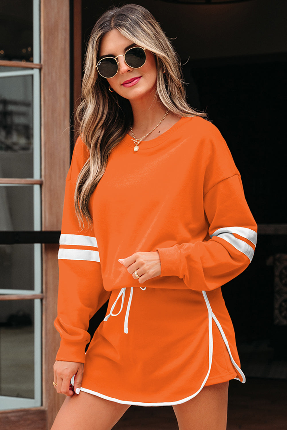 Black Varsity Stripe Detail Drop Shoulder Pullover Mini Skirt Set
