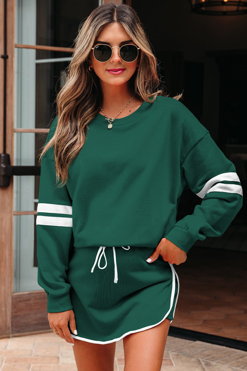 Black Varsity Stripe Detail Drop Shoulder Pullover Mini Skirt Set