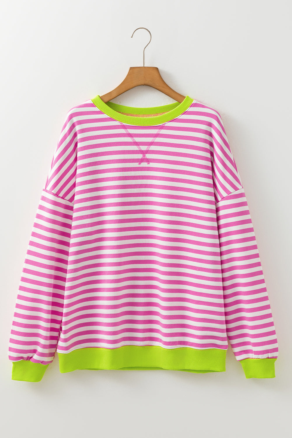 White Stripe Striped Contrast Ribbed Trim Crossed Stitch Drop Shoulder Sweatshirt