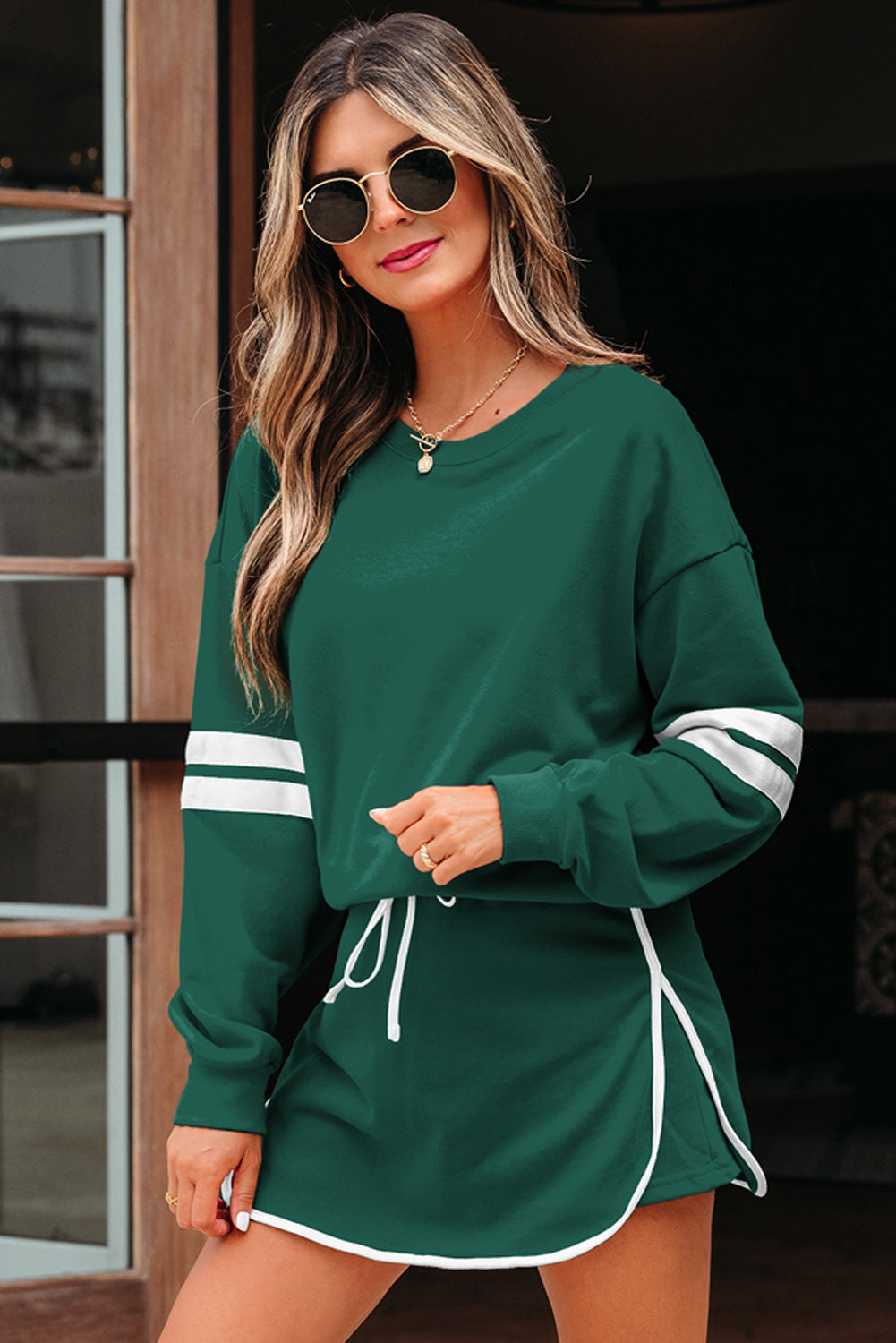 Black Varsity Stripe Detail Drop Shoulder Pullover Mini Skirt Set