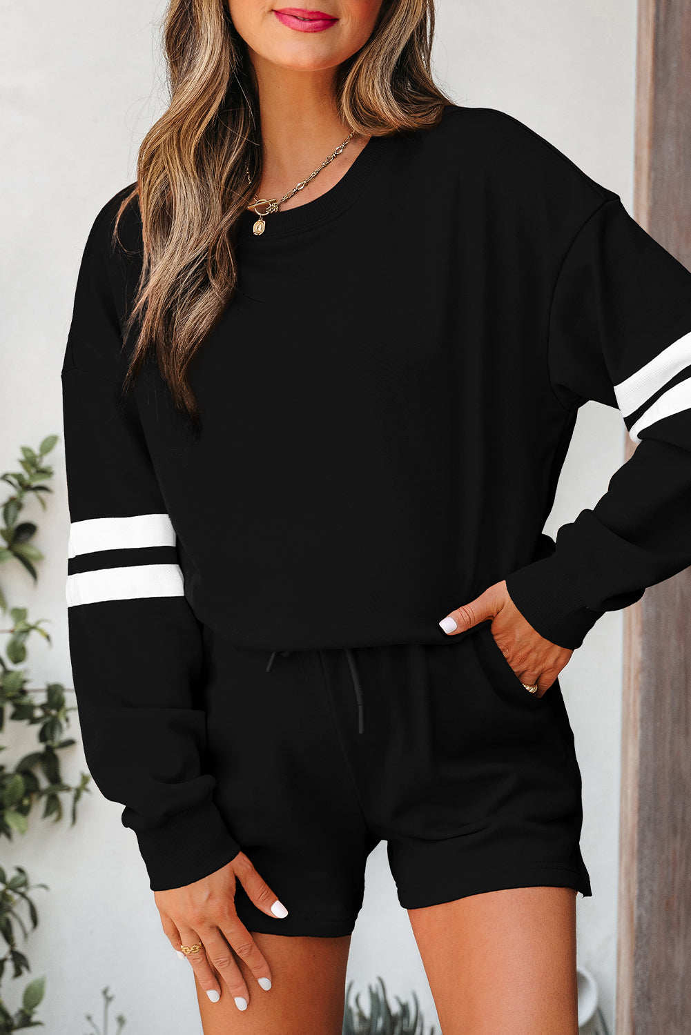 Evergreen Varsity Striped Sleeve Drop Shoulder Sweatshirt and Short Set