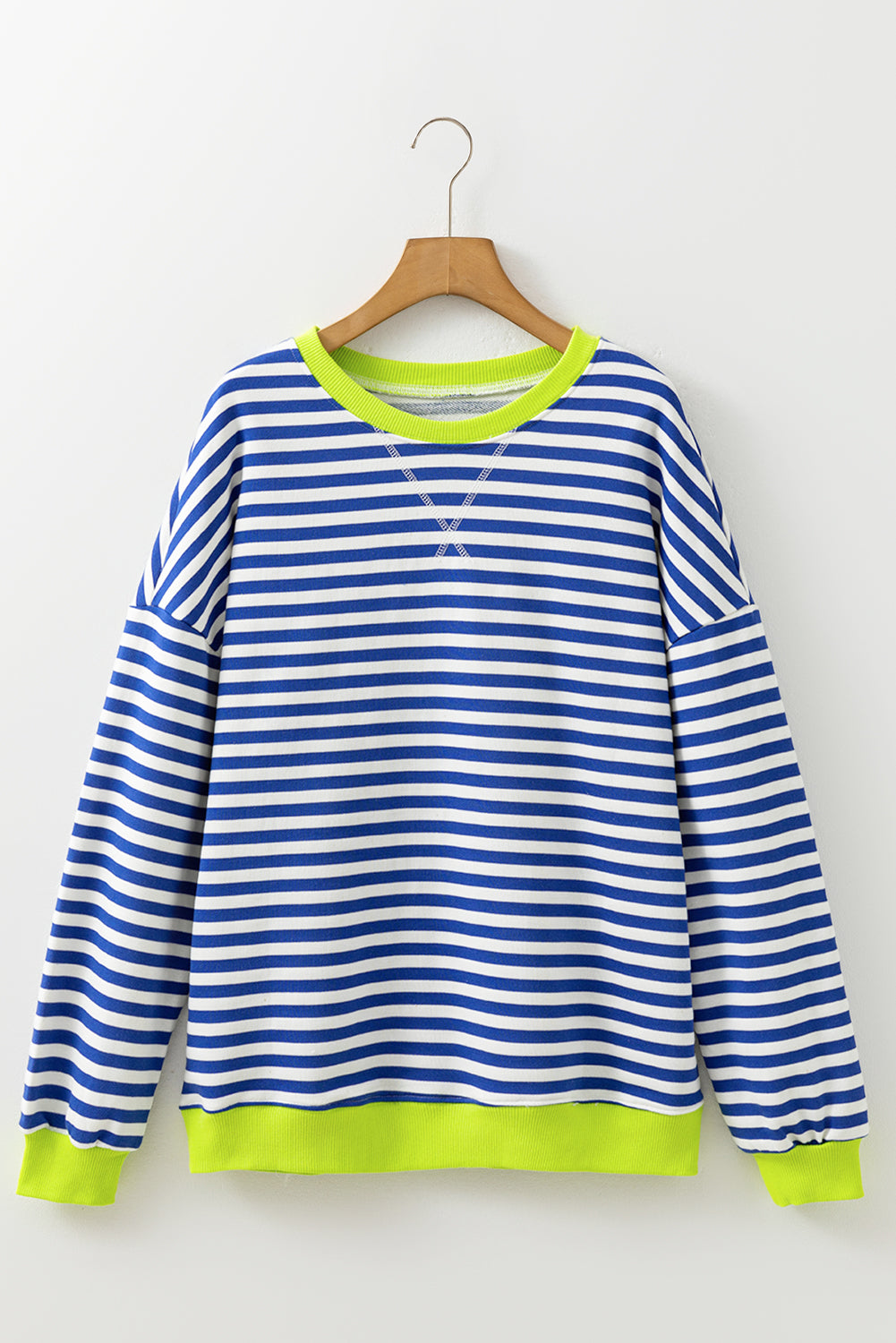 White Stripe Striped Contrast Ribbed Trim Crossed Stitch Drop Shoulder Sweatshirt