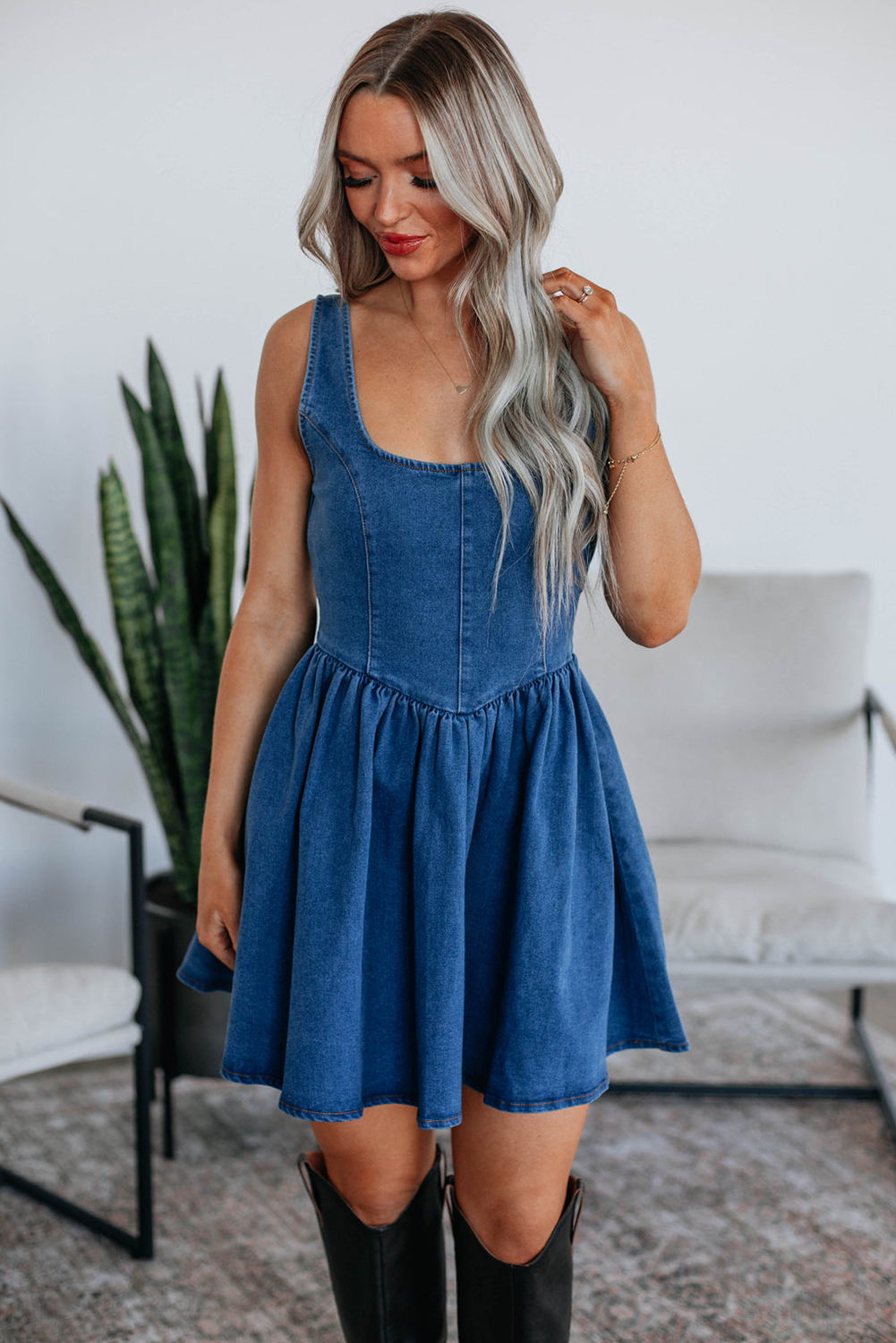 Myosotis Square Neck Bowknot A-line Sleeveless Denim Dress