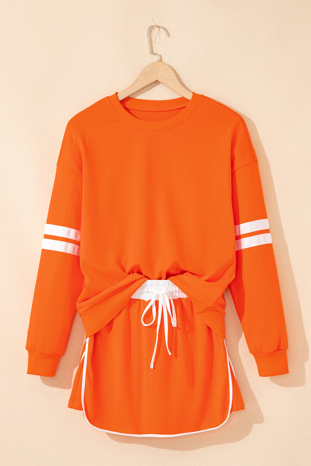 Black Varsity Stripe Detail Drop Shoulder Pullover Mini Skirt Set