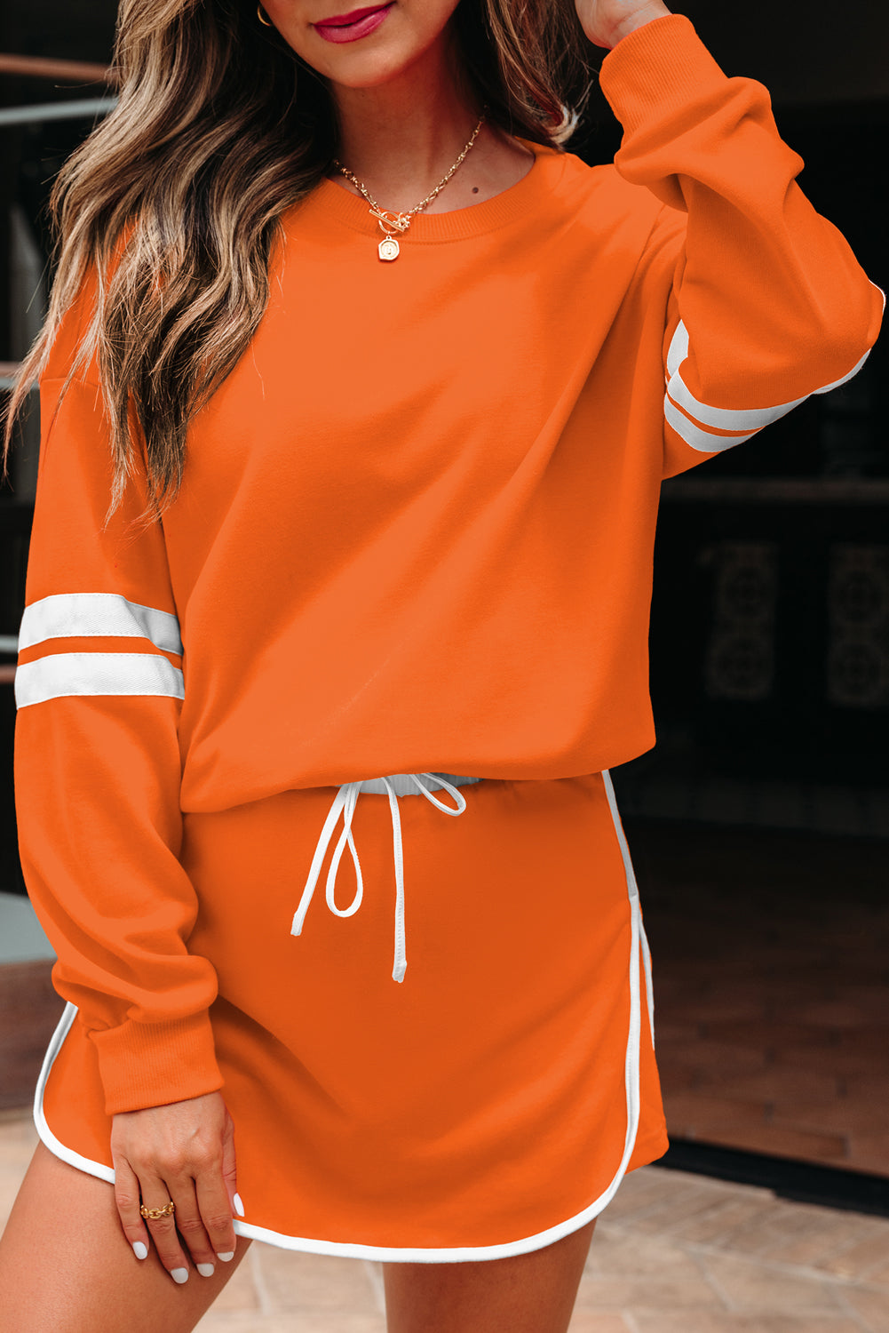 Black Varsity Stripe Detail Drop Shoulder Pullover Mini Skirt Set