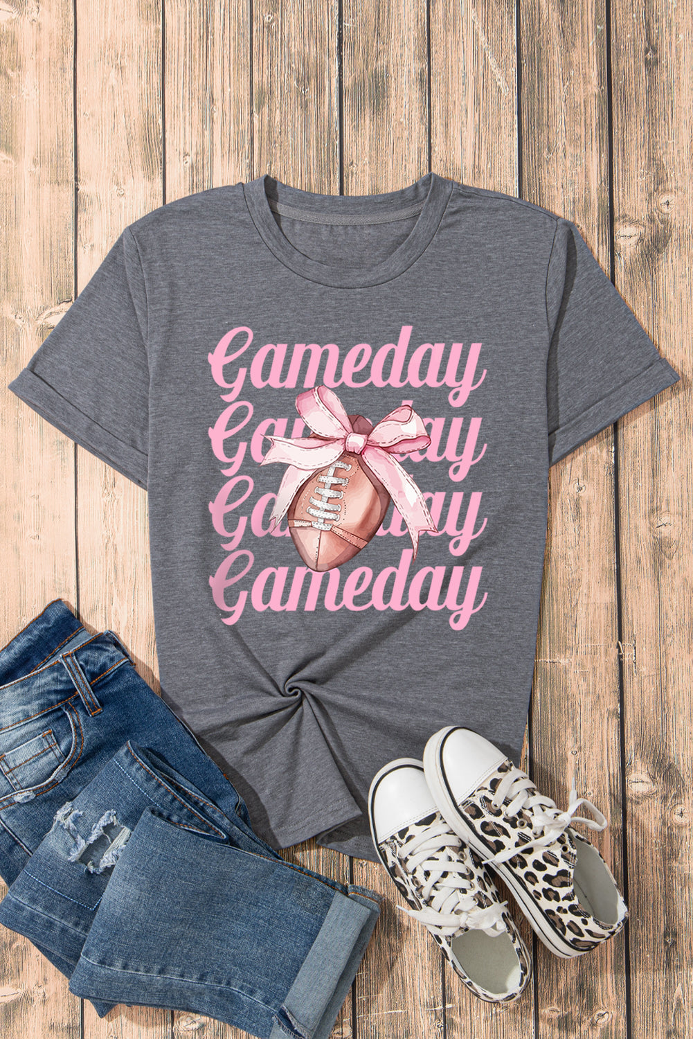 Gray Game Day Bowknot Football Graphic Casual Tee