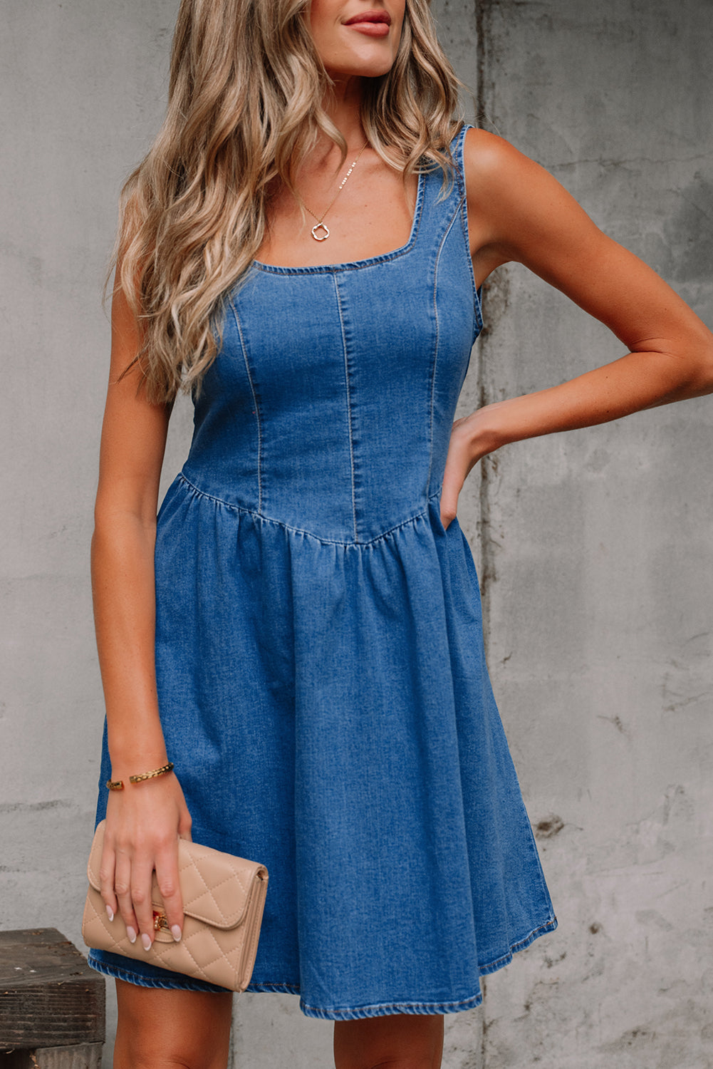 Myosotis Square Neck Bowknot A-line Sleeveless Denim Dress