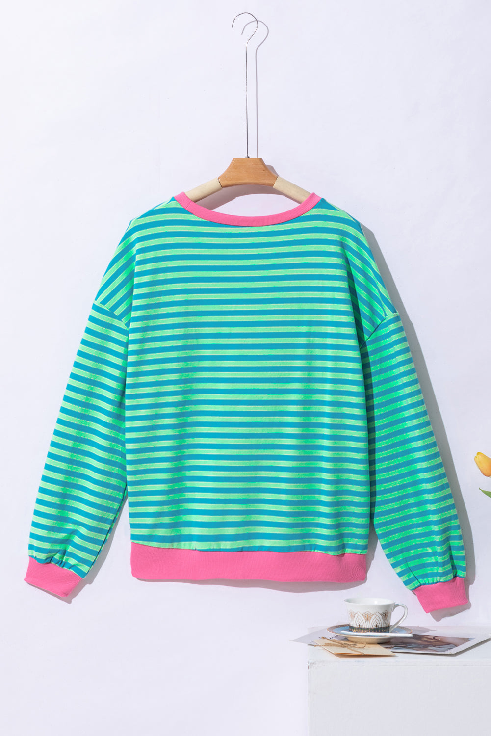 Green Stripe Contrast Edge Oversized Sweatshirt