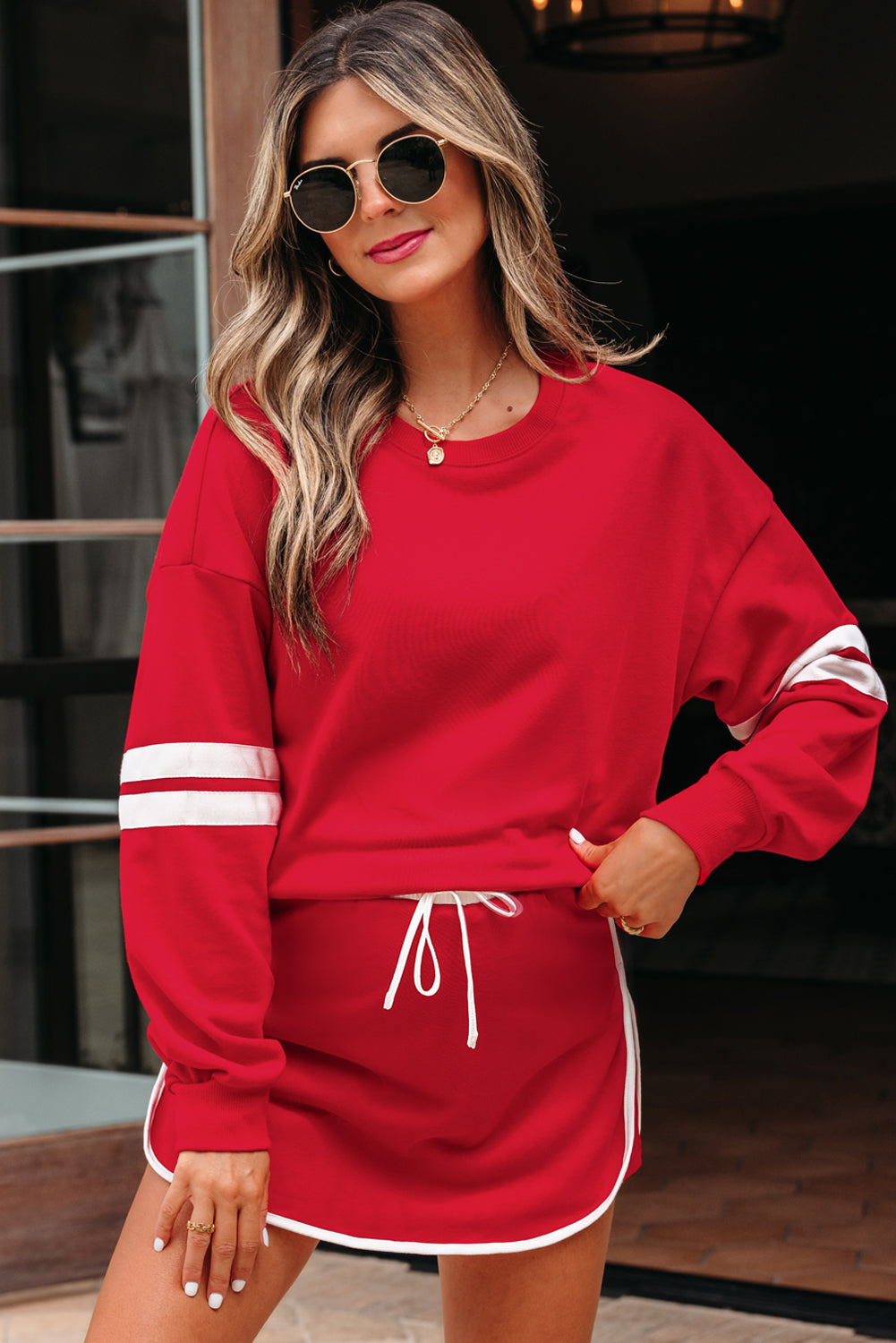 Black Varsity Stripe Detail Drop Shoulder Pullover Mini Skirt Set