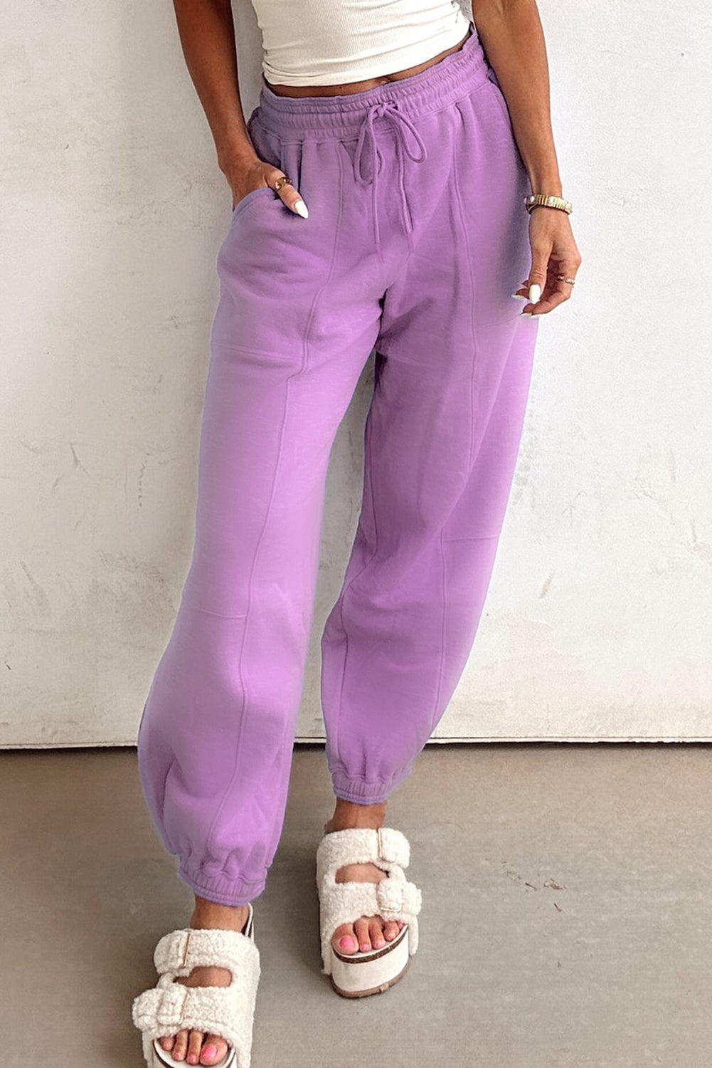 Light Pink Drawstring Waist Patchwork Solid Color Jogger Pants