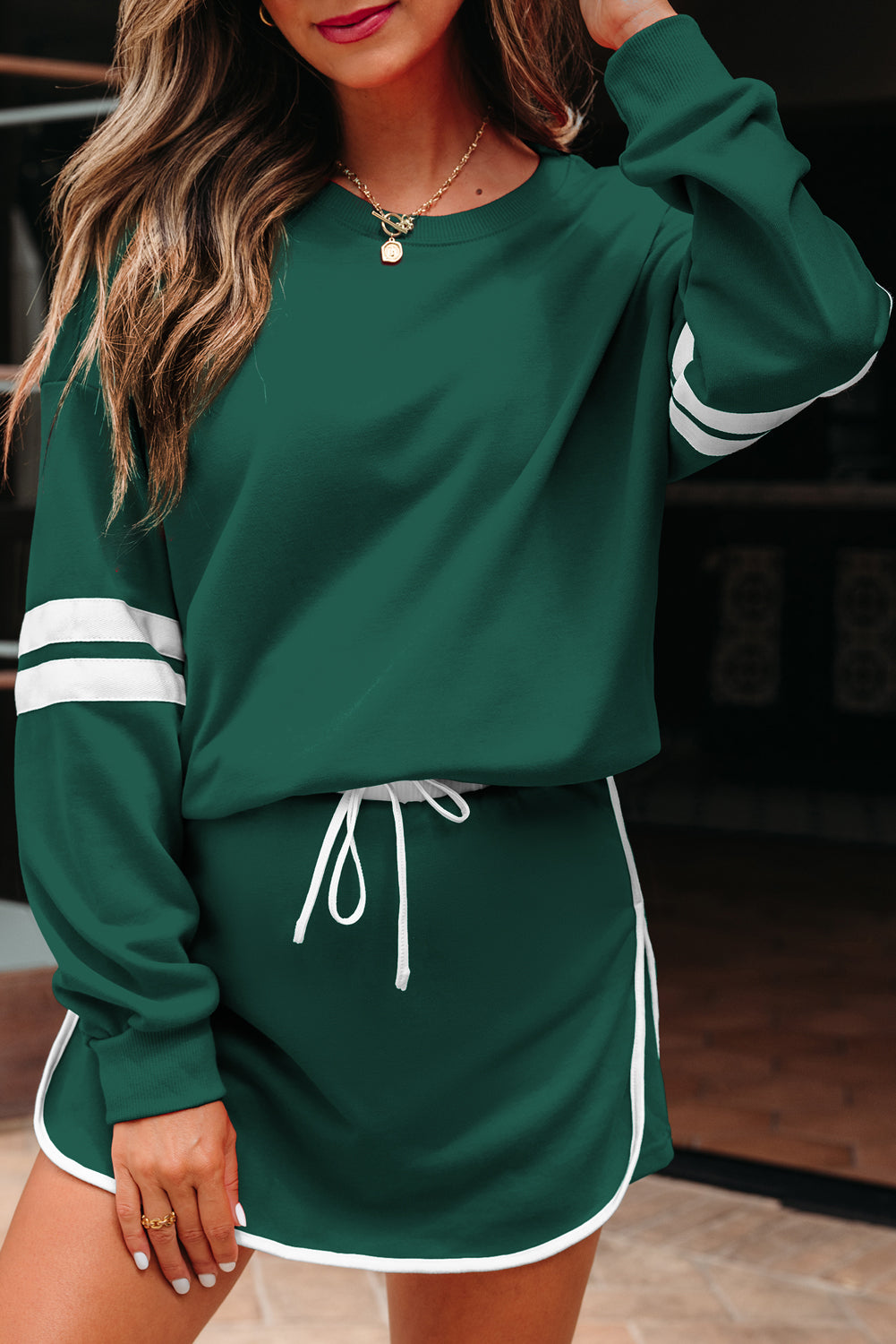 Black Varsity Stripe Detail Drop Shoulder Pullover Mini Skirt Set