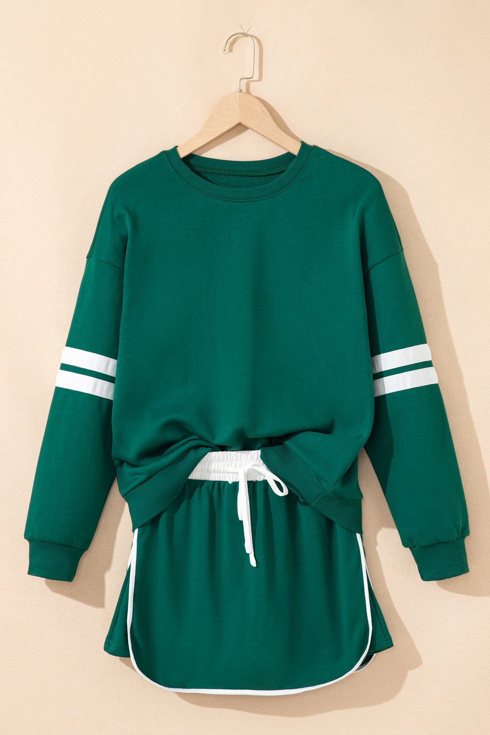 Black Varsity Stripe Detail Drop Shoulder Pullover Mini Skirt Set