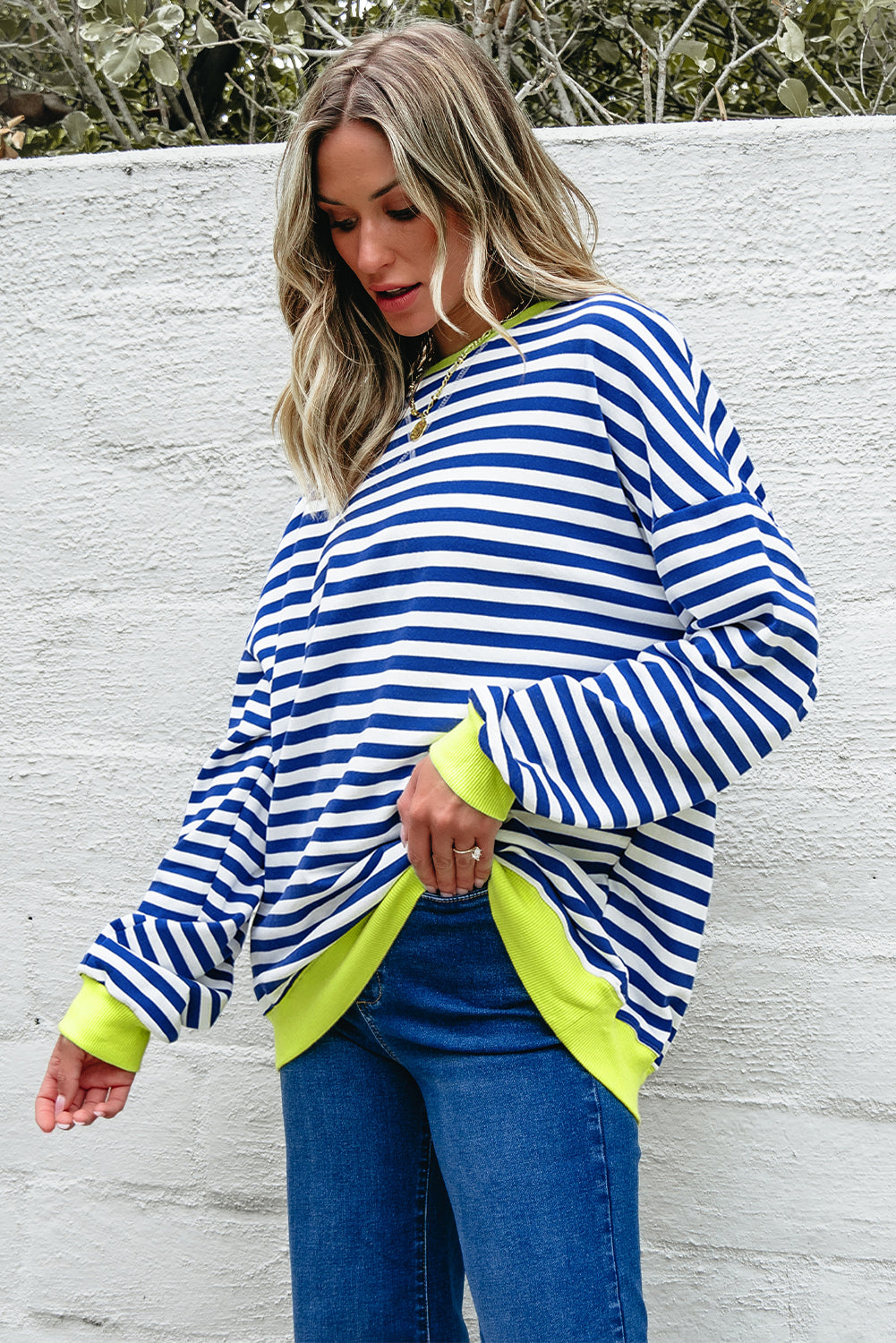 White Stripe Striped Contrast Ribbed Trim Crossed Stitch Drop Shoulder Sweatshirt