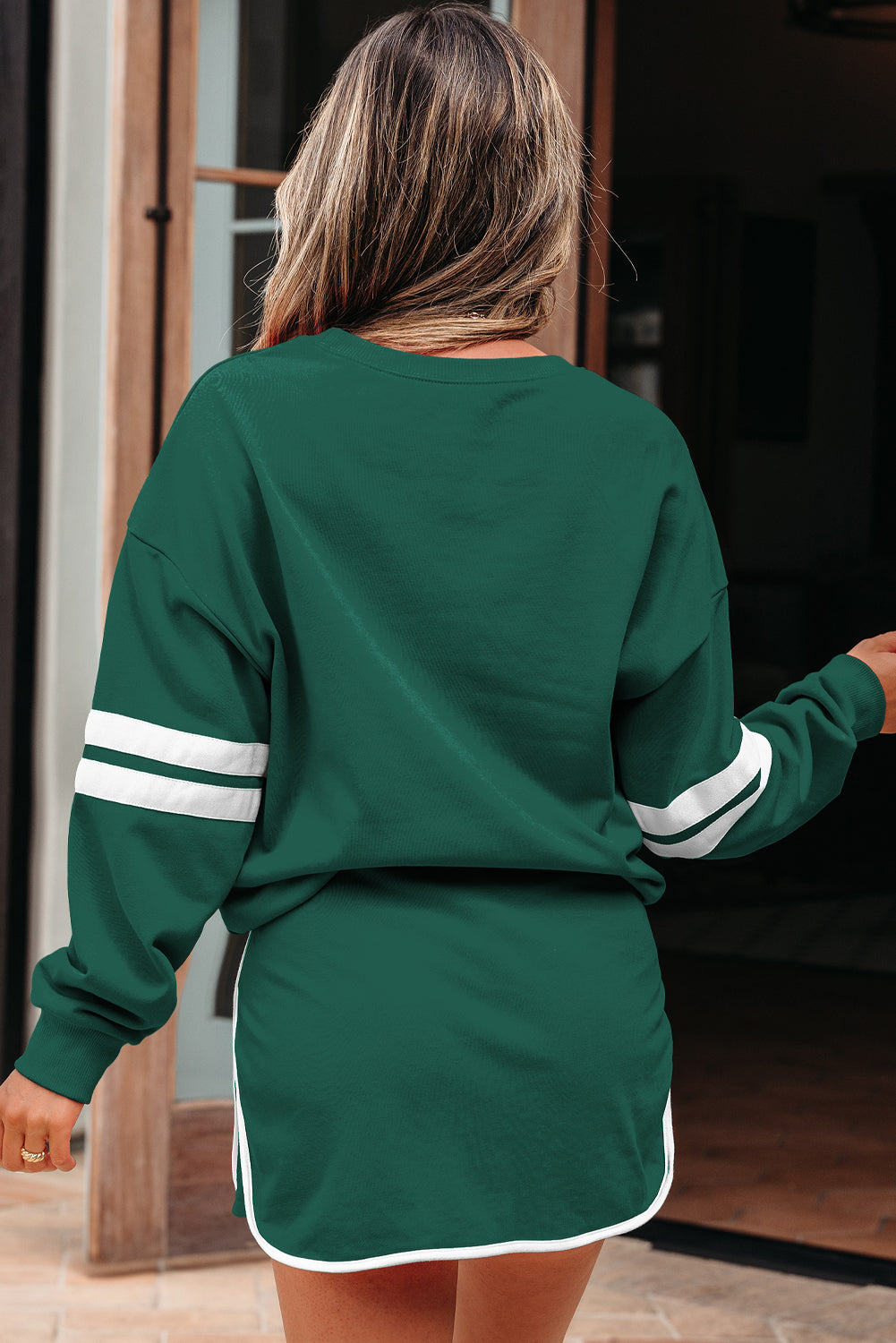 Black Varsity Stripe Detail Drop Shoulder Pullover Mini Skirt Set