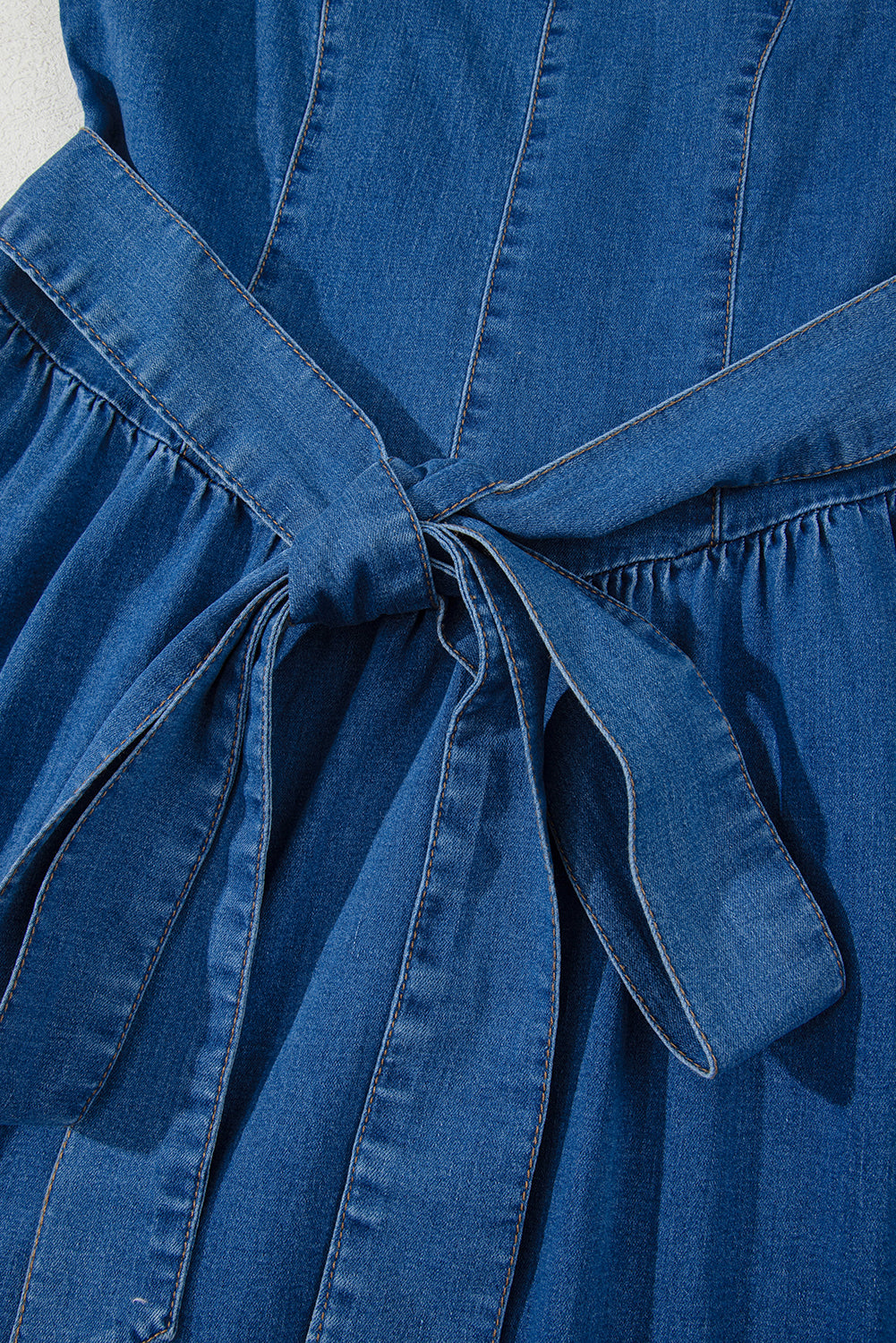 Myosotis Square Neck Bowknot A-line Sleeveless Denim Dress