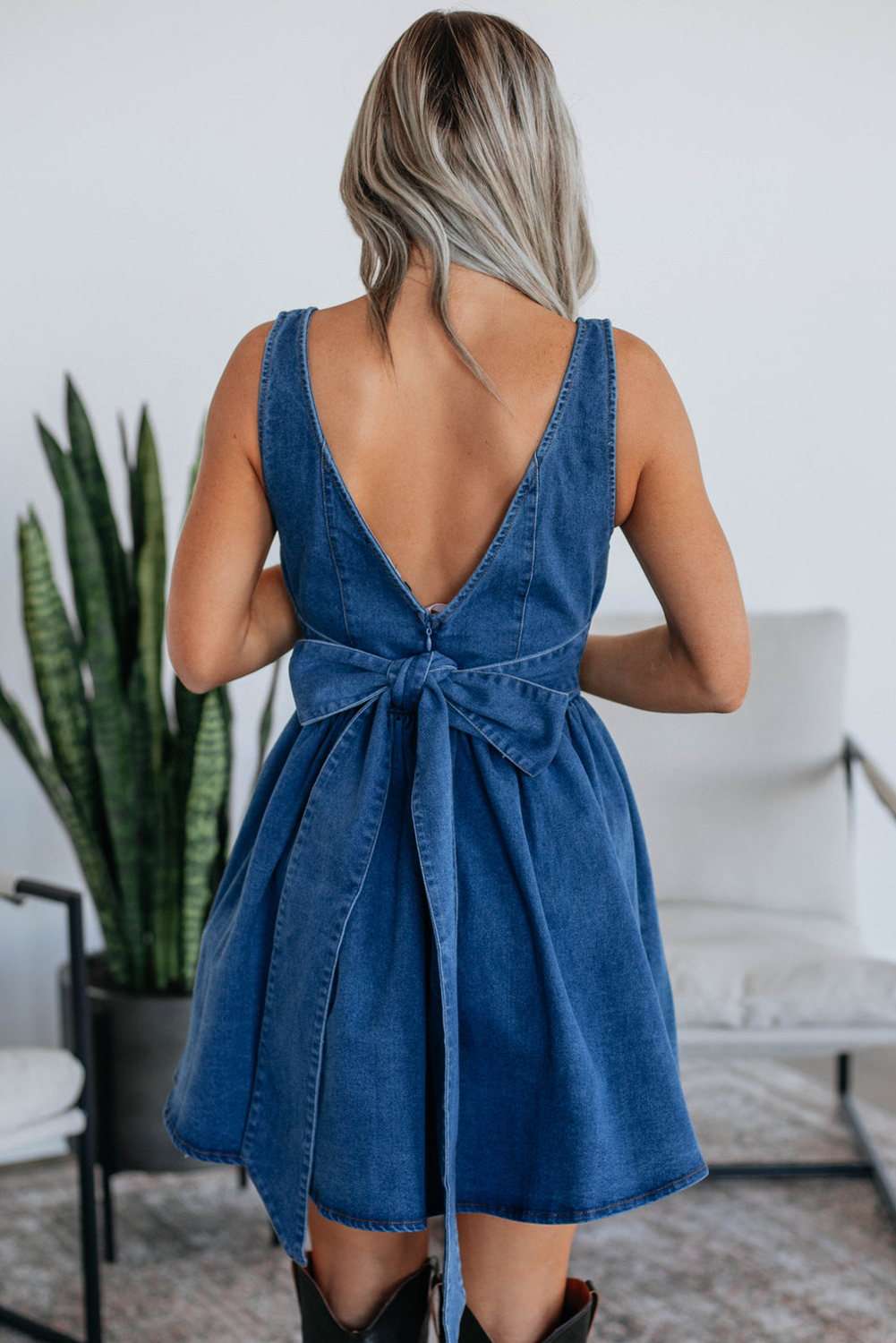 Myosotis Square Neck Bowknot A-line Sleeveless Denim Dress