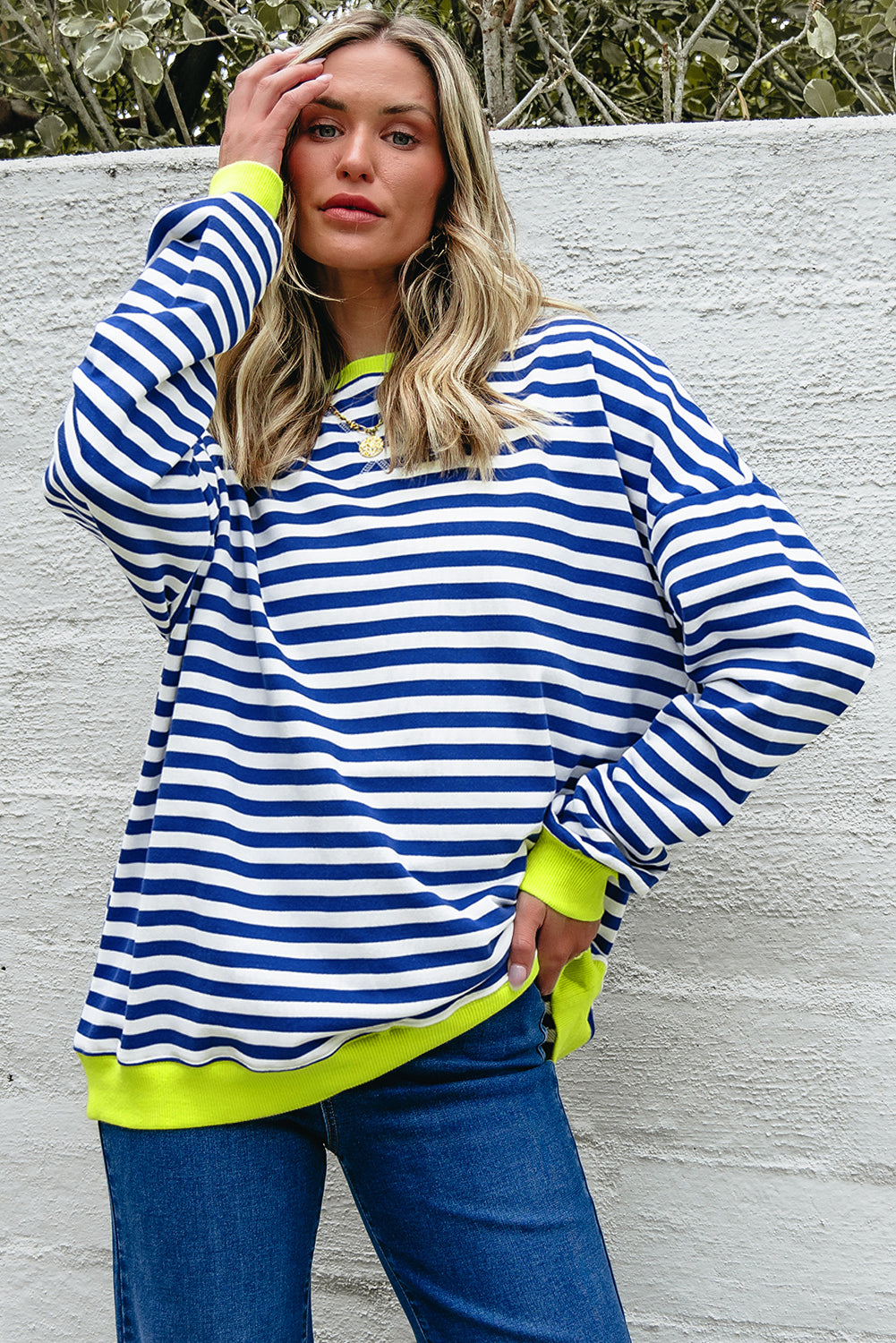 White Stripe Striped Contrast Ribbed Trim Crossed Stitch Drop Shoulder Sweatshirt