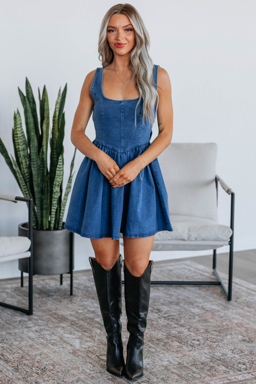 Myosotis Square Neck Bowknot A-line Sleeveless Denim Dress
