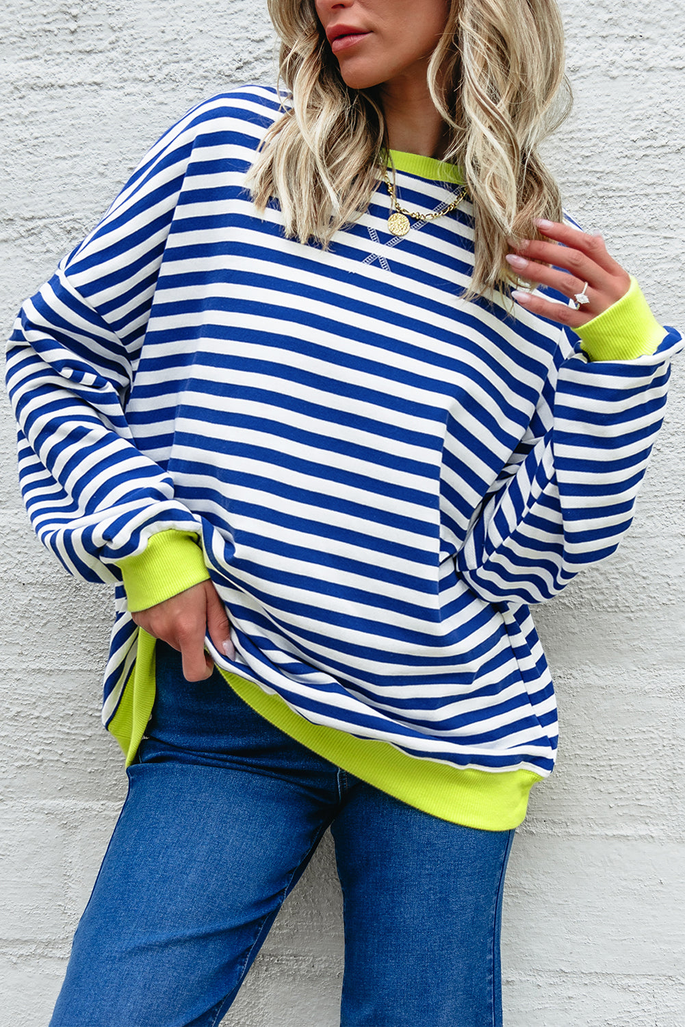 White Stripe Striped Contrast Ribbed Trim Crossed Stitch Drop Shoulder Sweatshirt