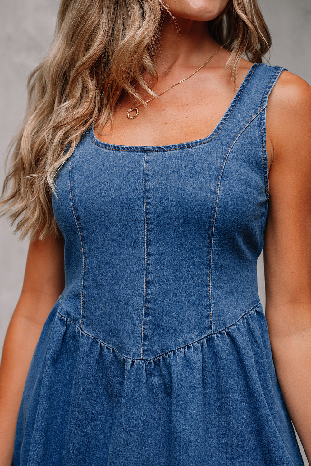 Myosotis Square Neck Bowknot A-line Sleeveless Denim Dress