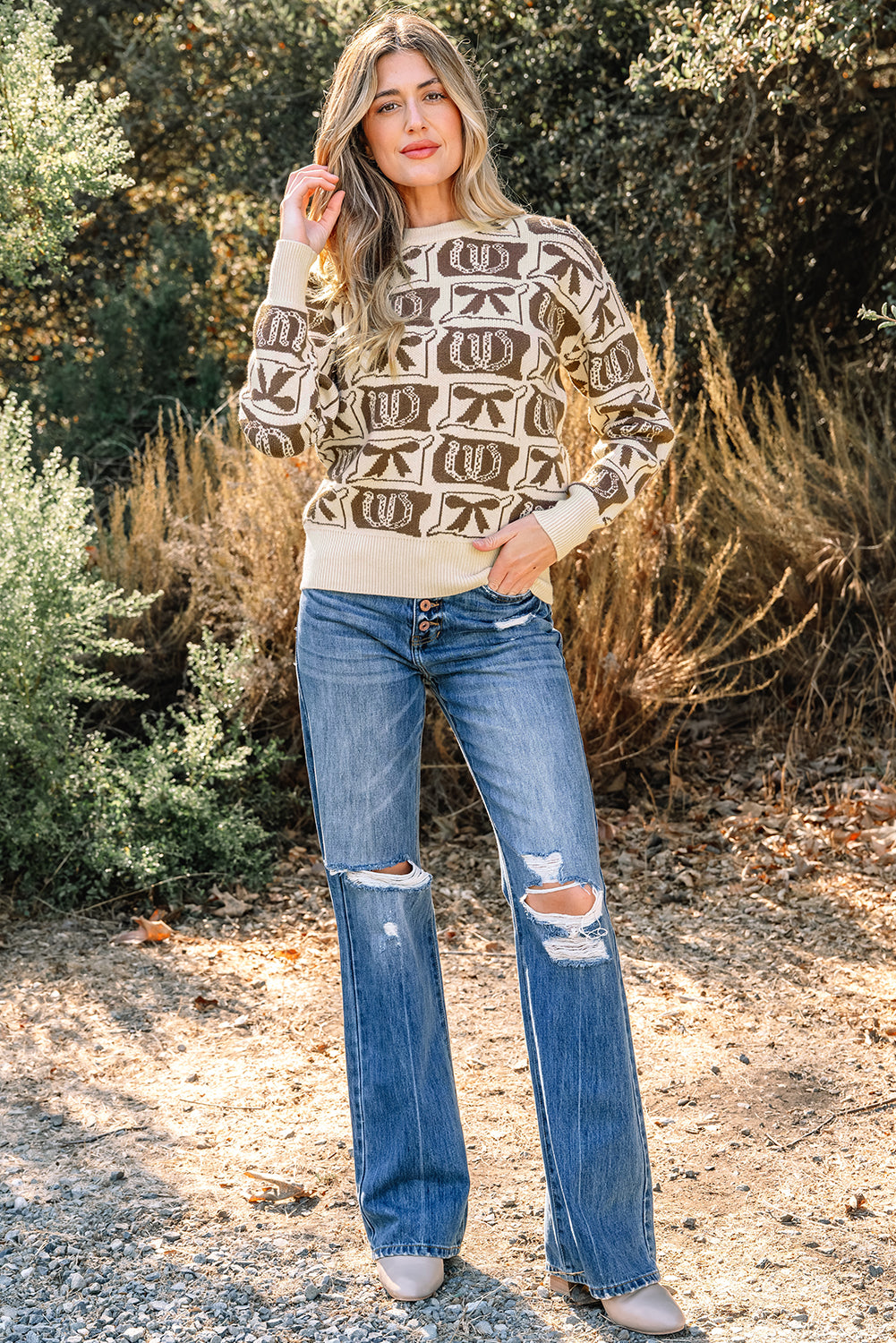 Brown Bows & Horseshoes Pattern Western Fashion Print Sweater