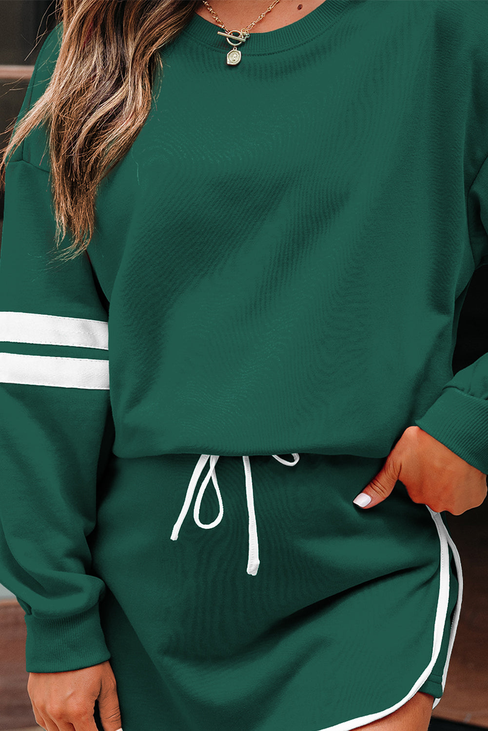 Black Varsity Stripe Detail Drop Shoulder Pullover Mini Skirt Set