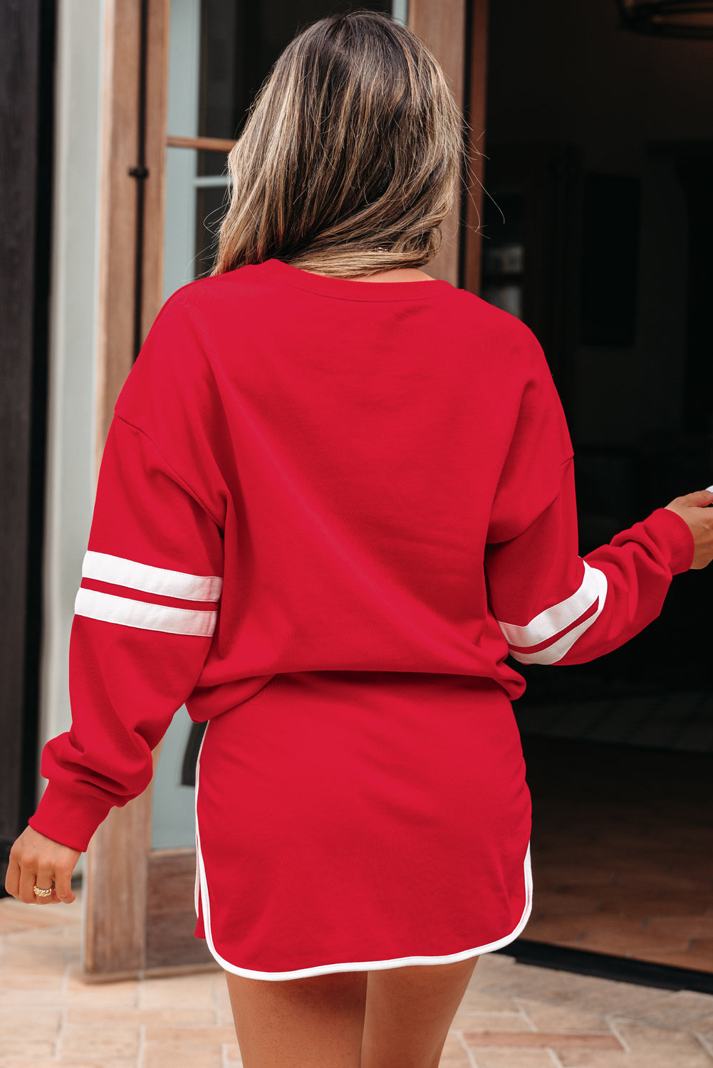 Black Varsity Stripe Detail Drop Shoulder Pullover Mini Skirt Set
