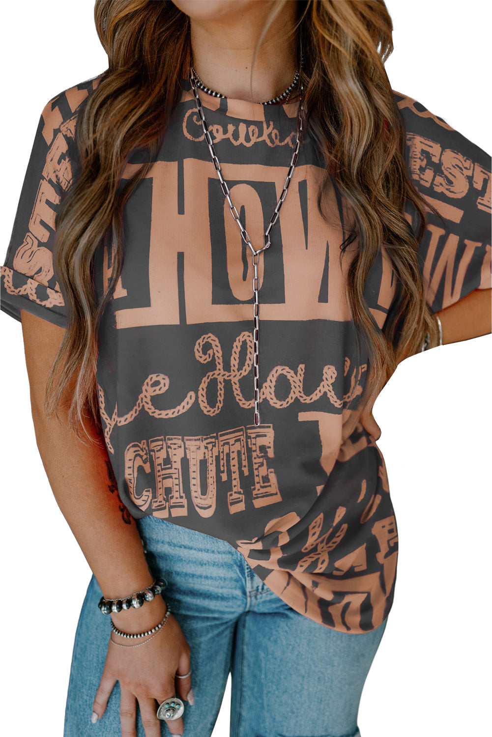 Turquoise Vintage Letter Print Graphic Loose Tee