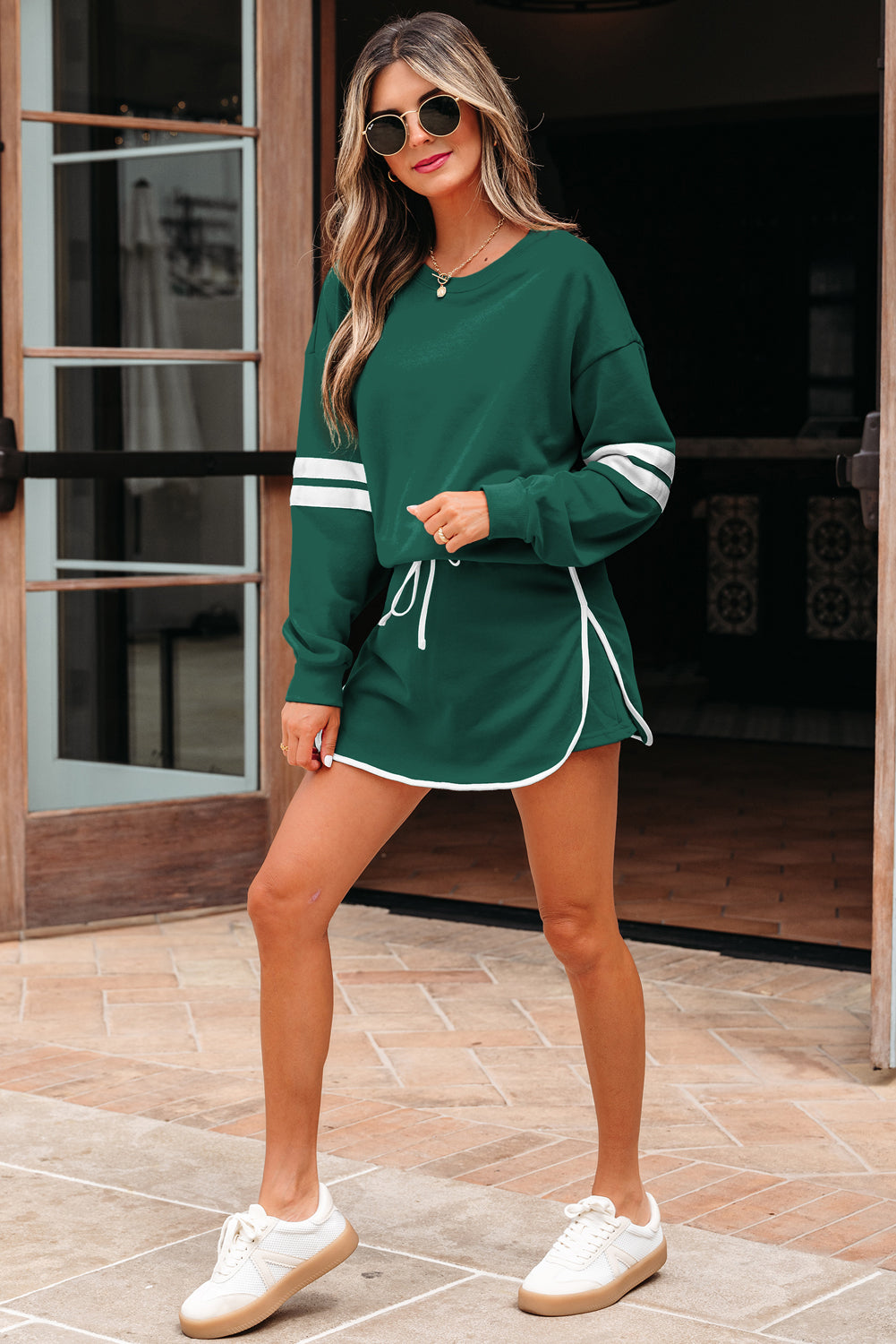 Black Varsity Stripe Detail Drop Shoulder Pullover Mini Skirt Set