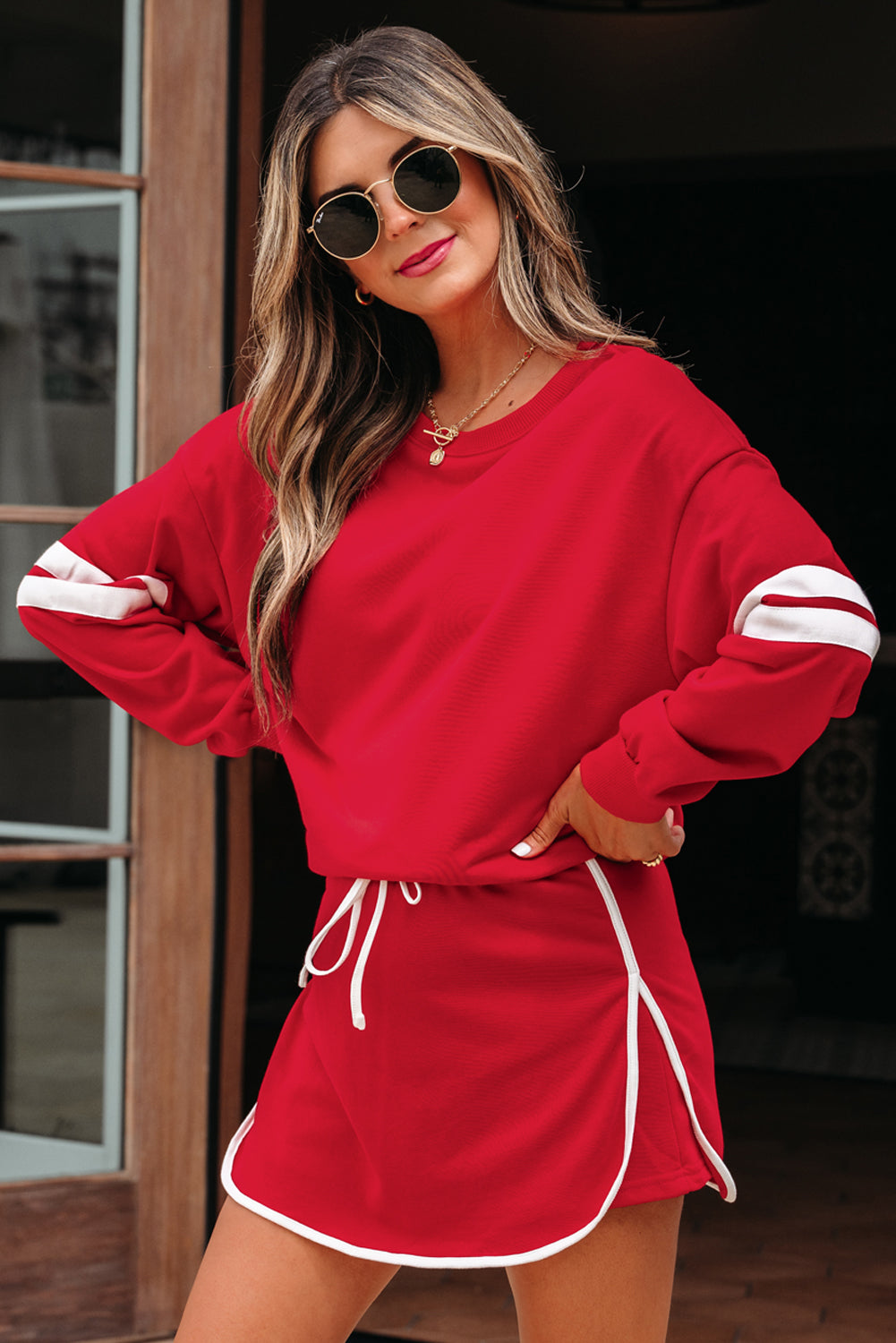 Black Varsity Stripe Detail Drop Shoulder Pullover Mini Skirt Set