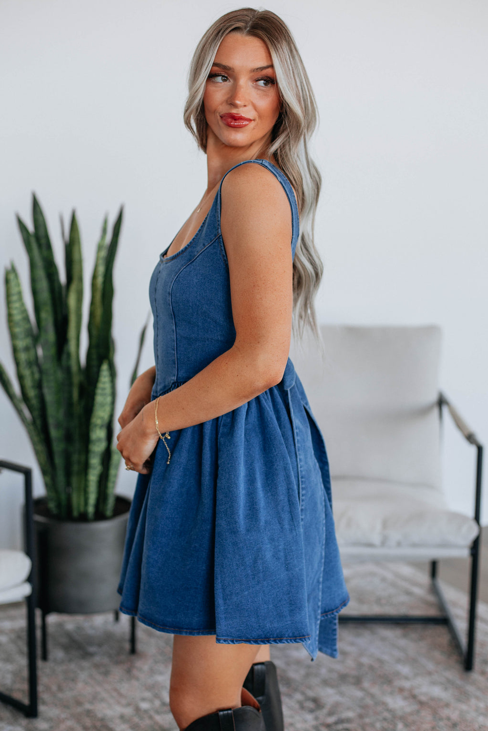 Myosotis Square Neck Bowknot A-line Sleeveless Denim Dress
