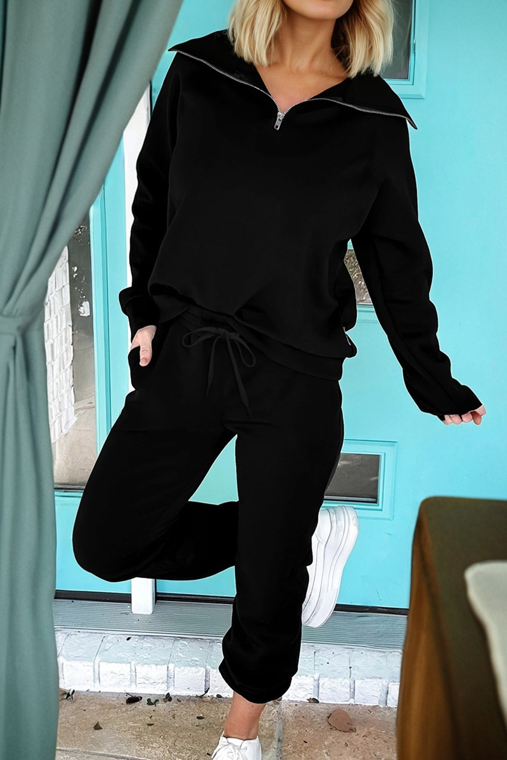 Goat Zip Collar Long Sleeve Top Drawstring Pants Set