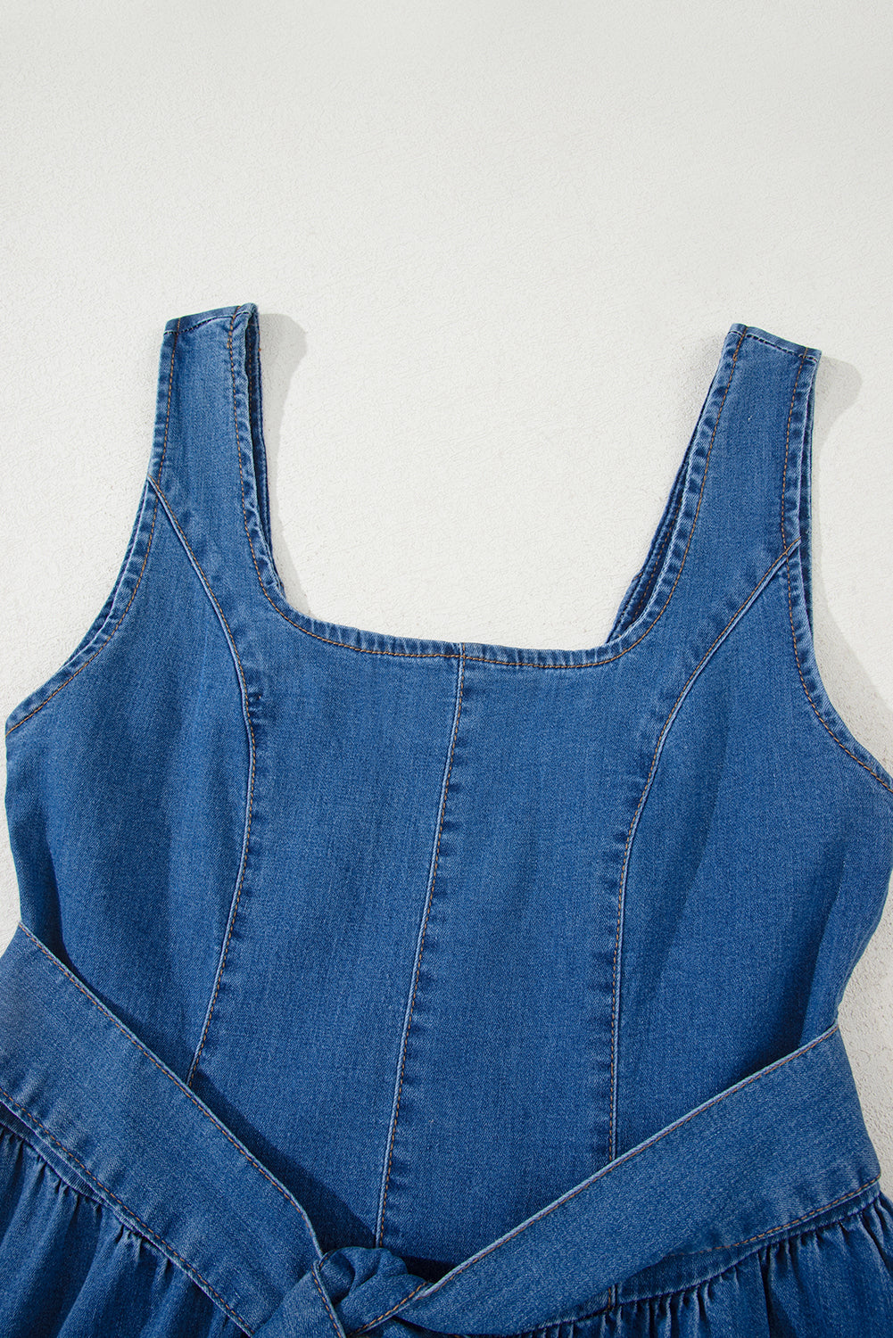 Myosotis Square Neck Bowknot A-line Sleeveless Denim Dress
