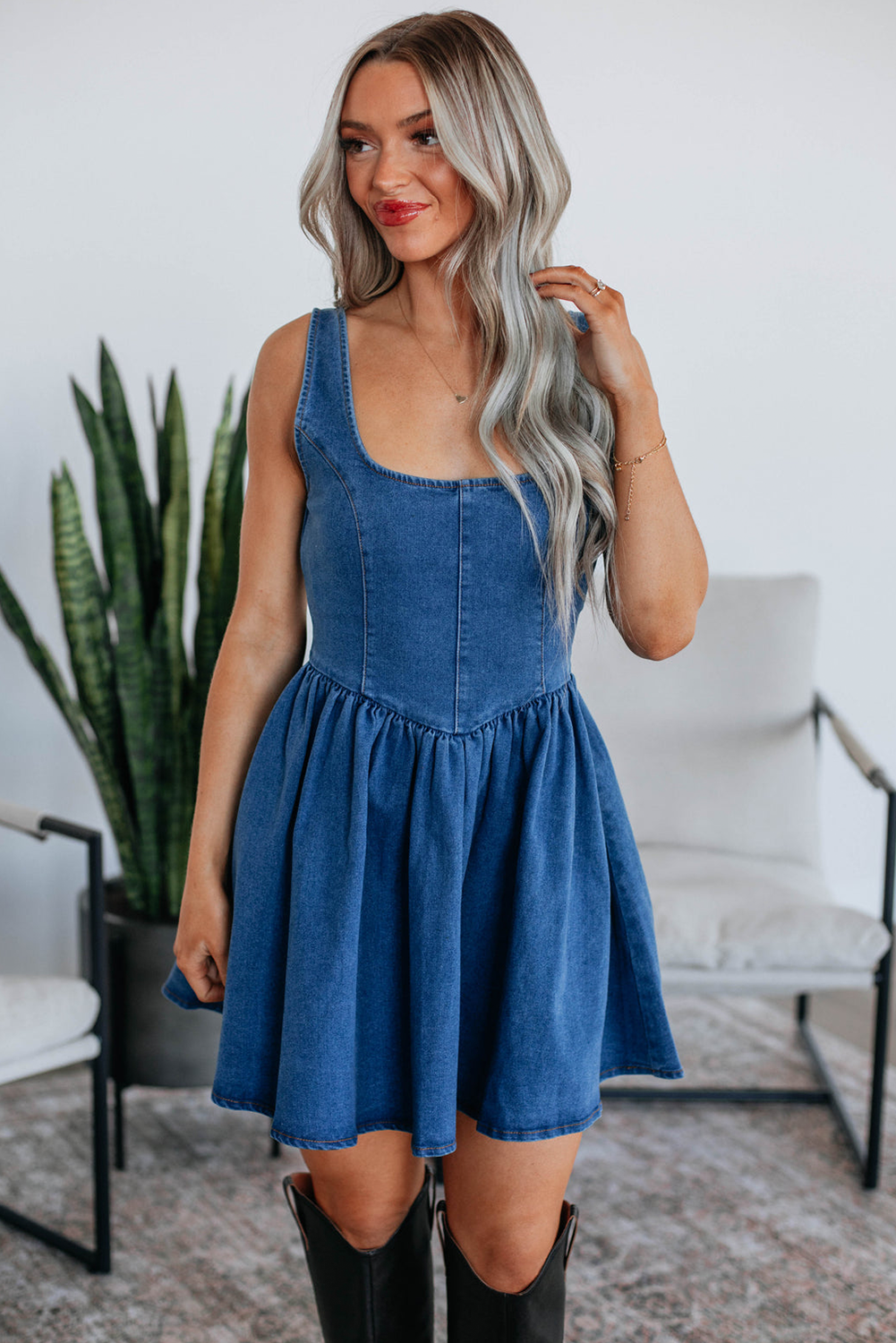 Myosotis Square Neck Bowknot A-line Sleeveless Denim Dress