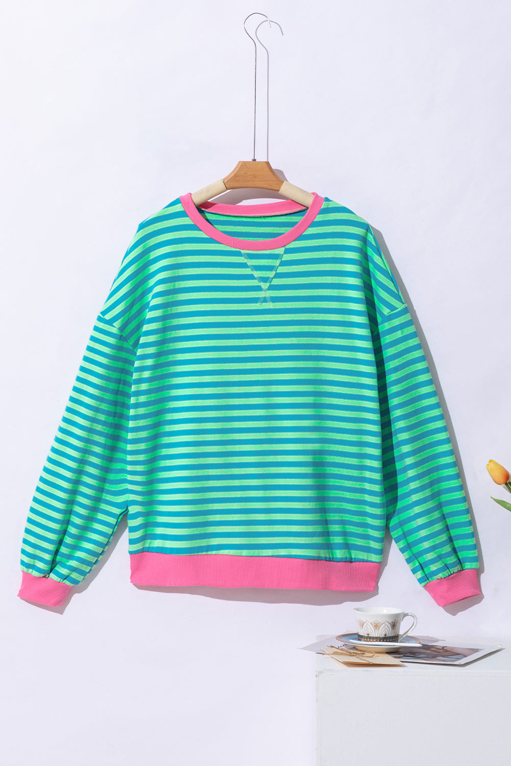Green Stripe Contrast Edge Oversized Sweatshirt