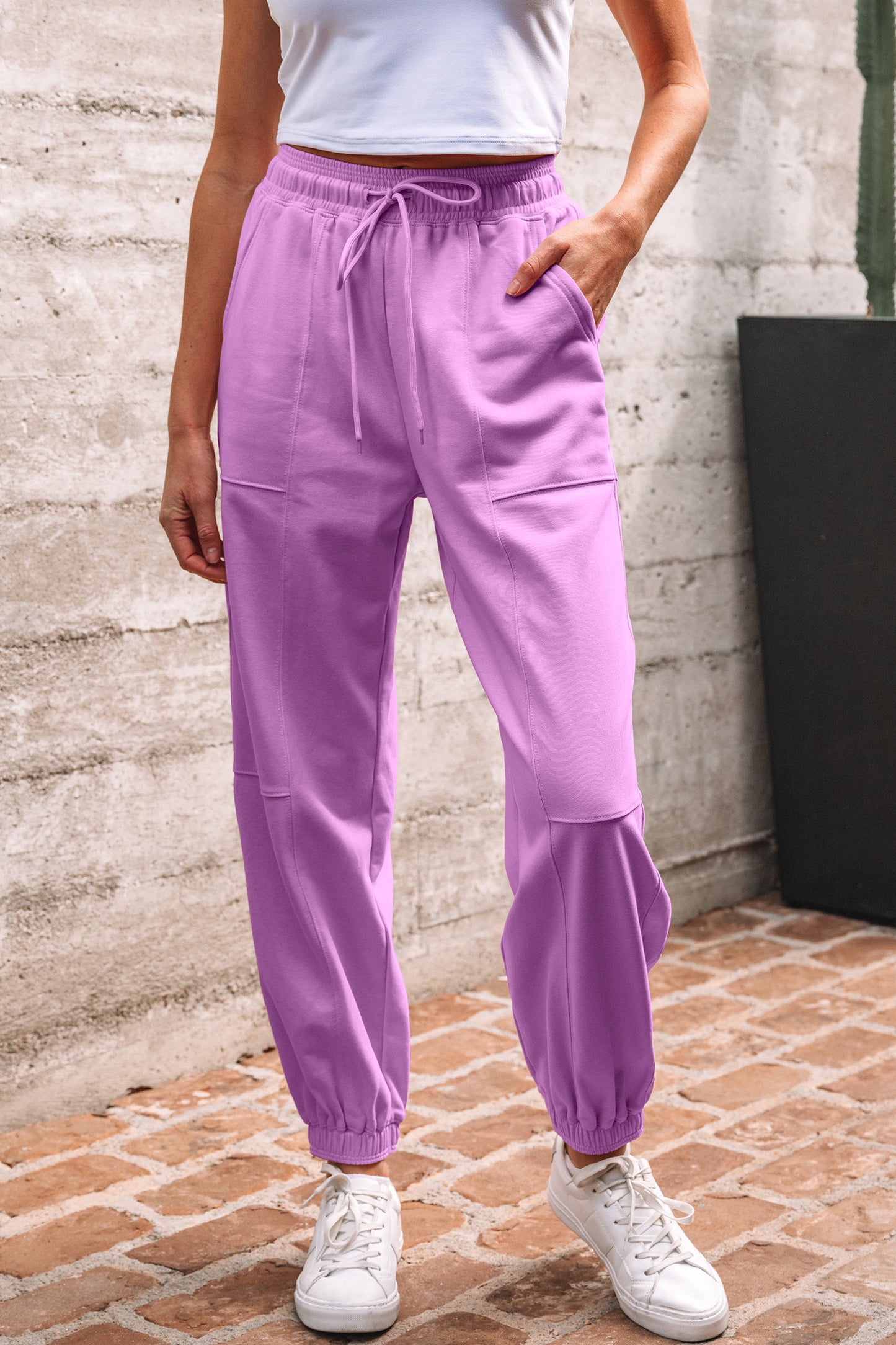 Light Pink Drawstring Waist Patchwork Solid Color Jogger Pants