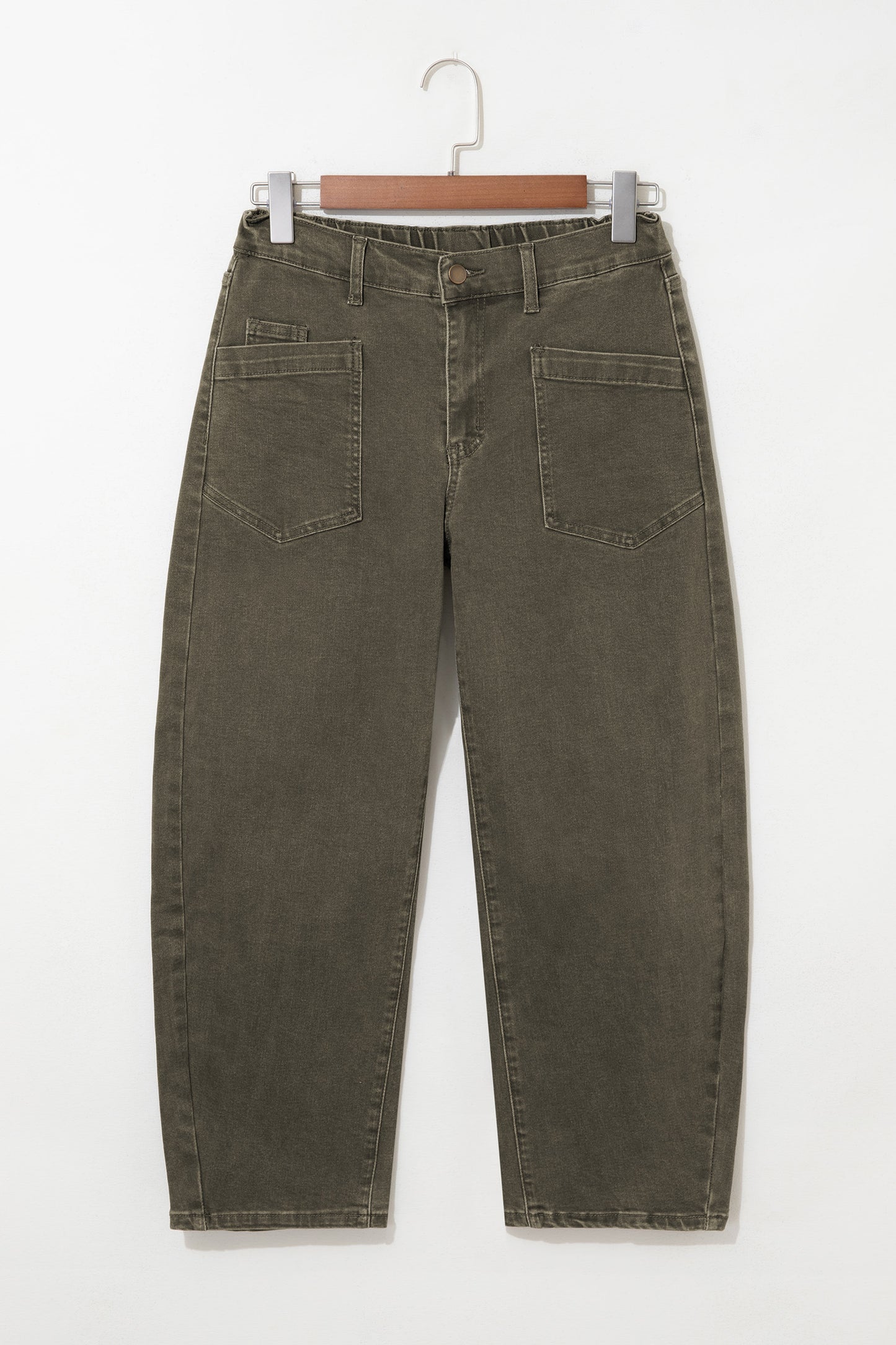 Coffee Solid Color Square Patch Pocket Ankle-length Barrel Jeans