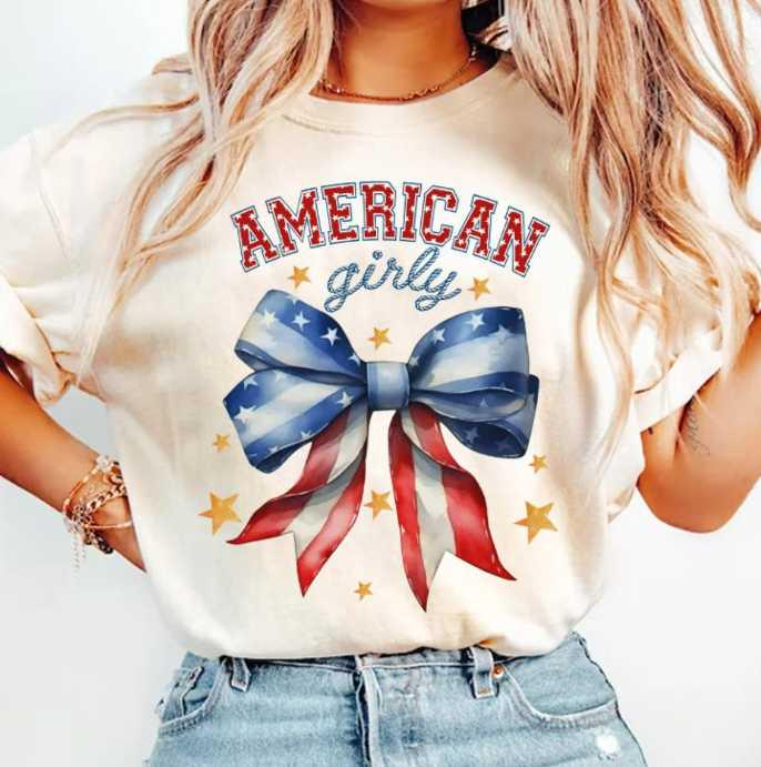 American Girly Patriotic Bow T-Shirt: Stylish, Cozy, Comfortable Tee